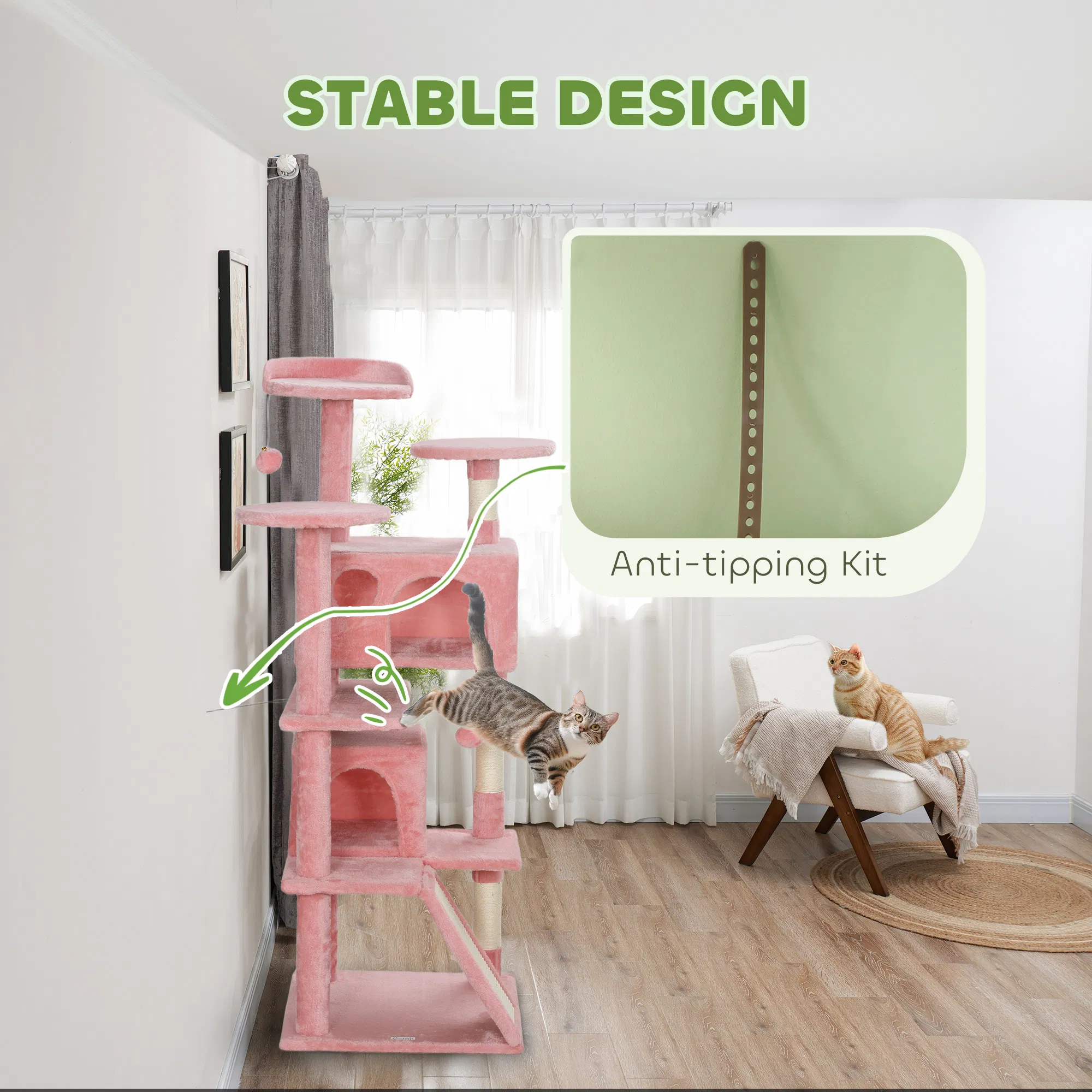 54" Cat Tree, Multi-Level Cat Tower with Scratching Posts, Cat Condos, Bed, Platforms, Ramp, Toy Ball, Pink — image 4