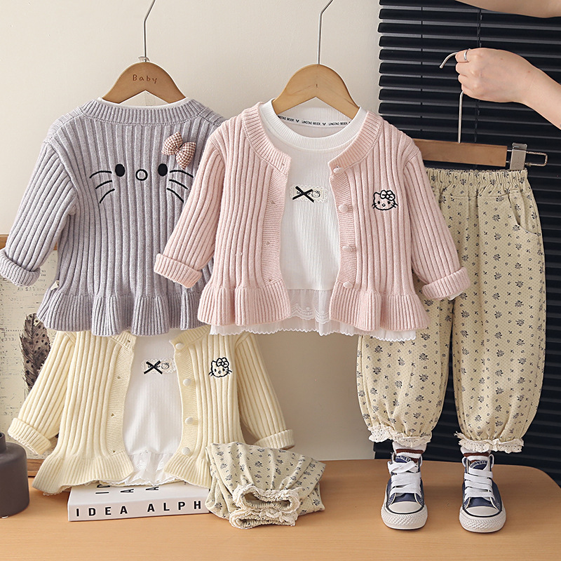 Girls 3 Piece Knit Sweater Set, Embroidered Cat Vertical Striped Cardigan Pants Outfit for 0-4 Years Old — image 3