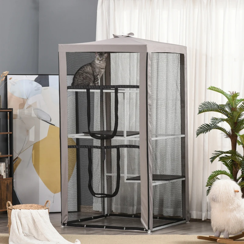 Cat House Kitten Enclosure Mesh Playpen Steel Frame With 3 Platforms, 2 Doors And 4 Sandbags For Stability, IndoorOutdoor — image 13