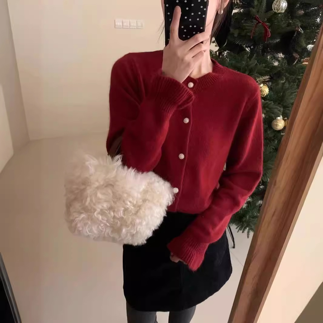 Women's Raccoon Plush Round Neck Cardigan - Purple Bud Sleeve Lightweight Knit Sweater Top — image 4