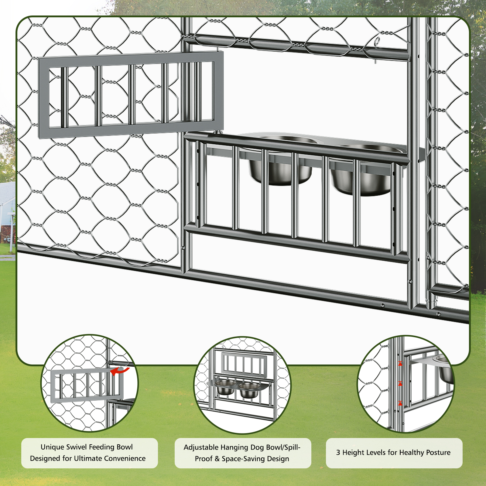 Large Outdoor Dog Kennel with Canopy, Heavy Duty Galvanized Steel Frame, Waterproof Cover, Built-in Elevated Feeding Bowls, Escape-Proof Lockable Pet Playpen for Large Dogs & Multiple Animal — image 5