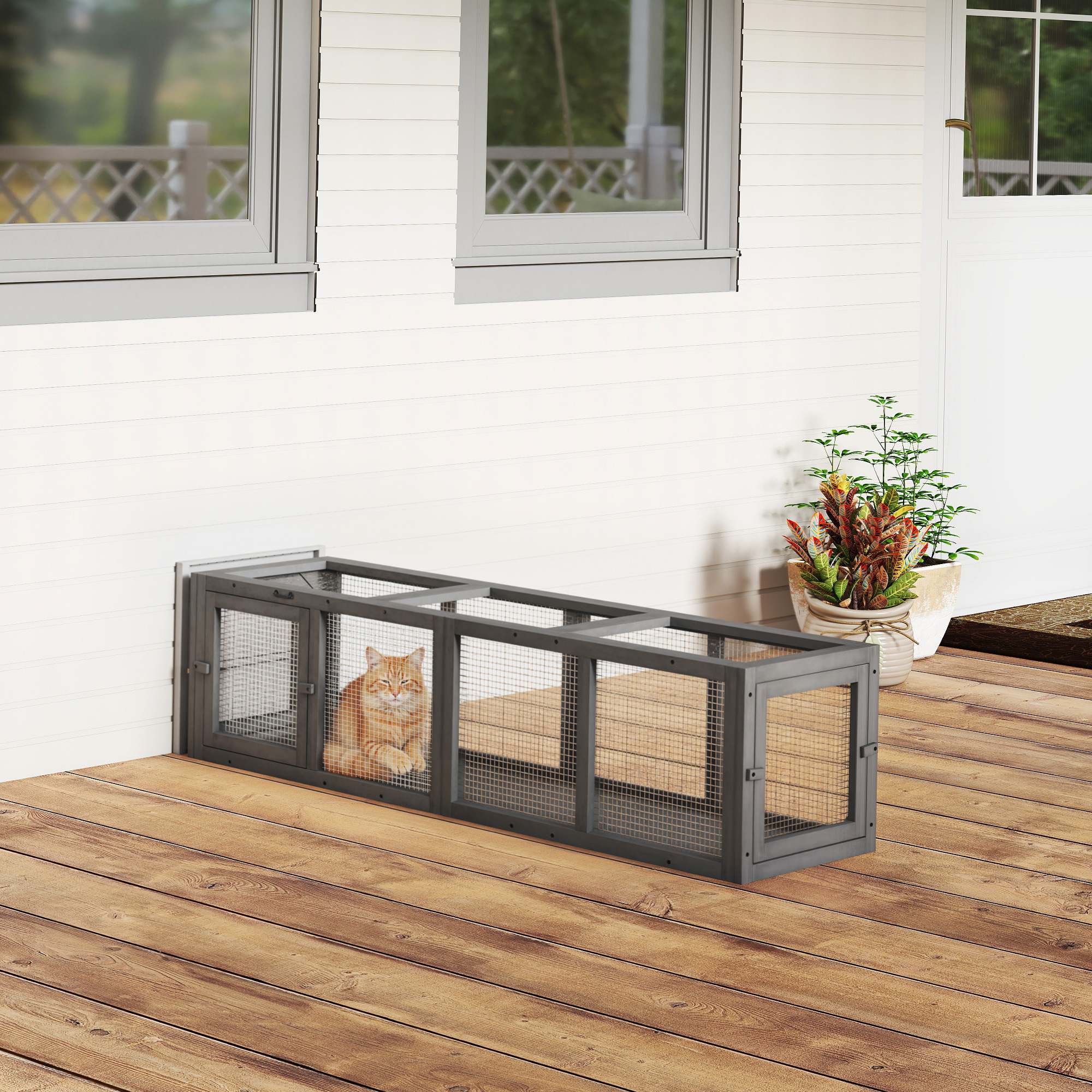 Outdoor Cat Tunnel, 59" Wooden Play Cat Enclosure, Extendable Pet Run with 3 Doors for Kitty, Puppy, Gray — image 1