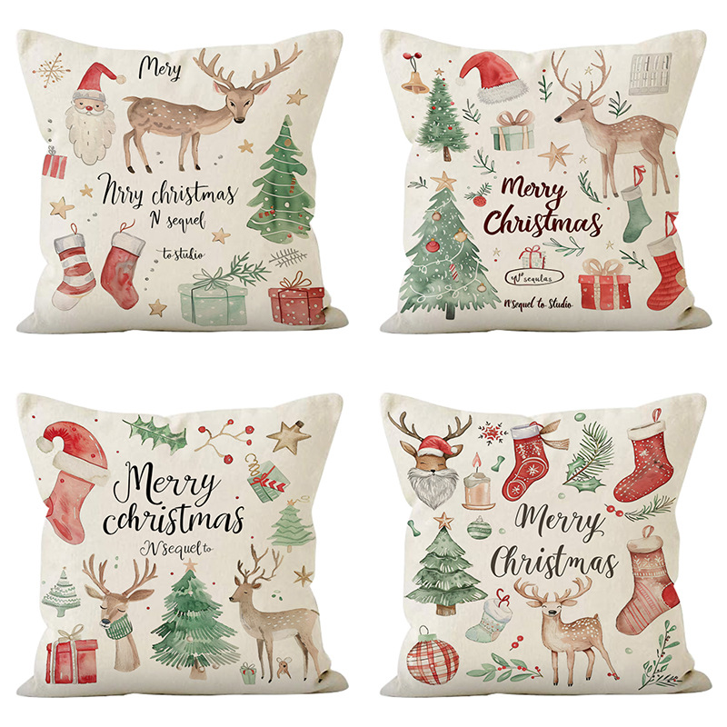 Christmas Socks Printed Pillow Cover Christmas Reindeer Linen Pillowcase Living Room Bedroom Decoration — image 1