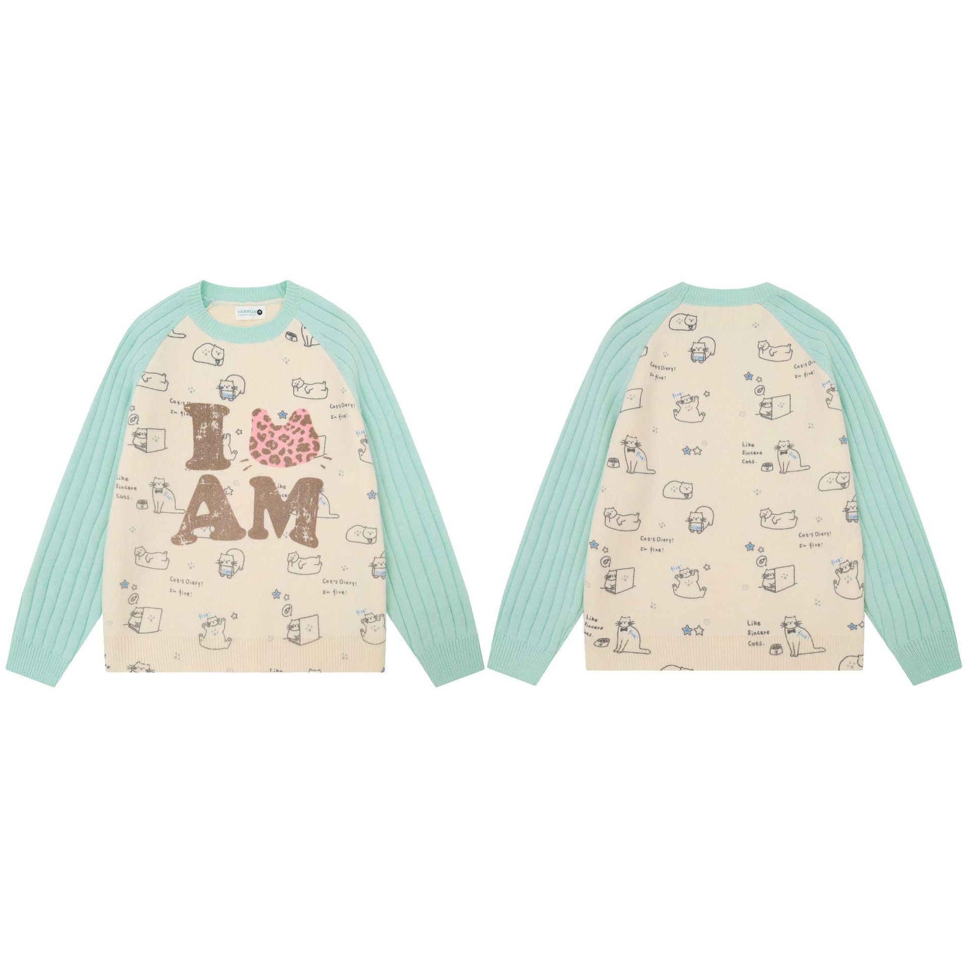 Loose Lazy Fit Cat Print Color-Block Lettering Raglan Sleeve Round Neck Pullover Sweater — image 5