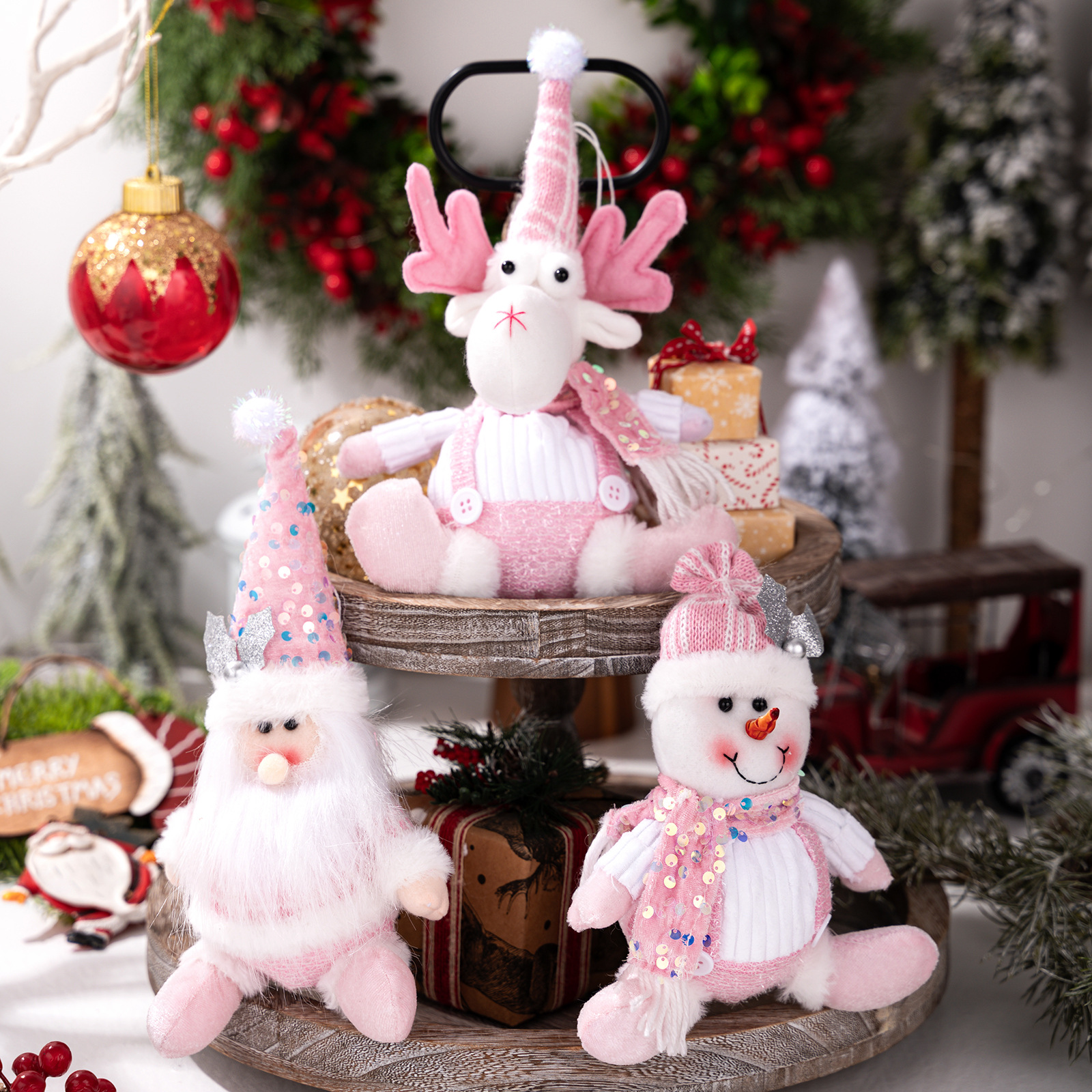 Christmas Decoration Pink Glitter Plush Ornament Santa Claus Figurine Snowman Reindeer Hanging Decor — image 4