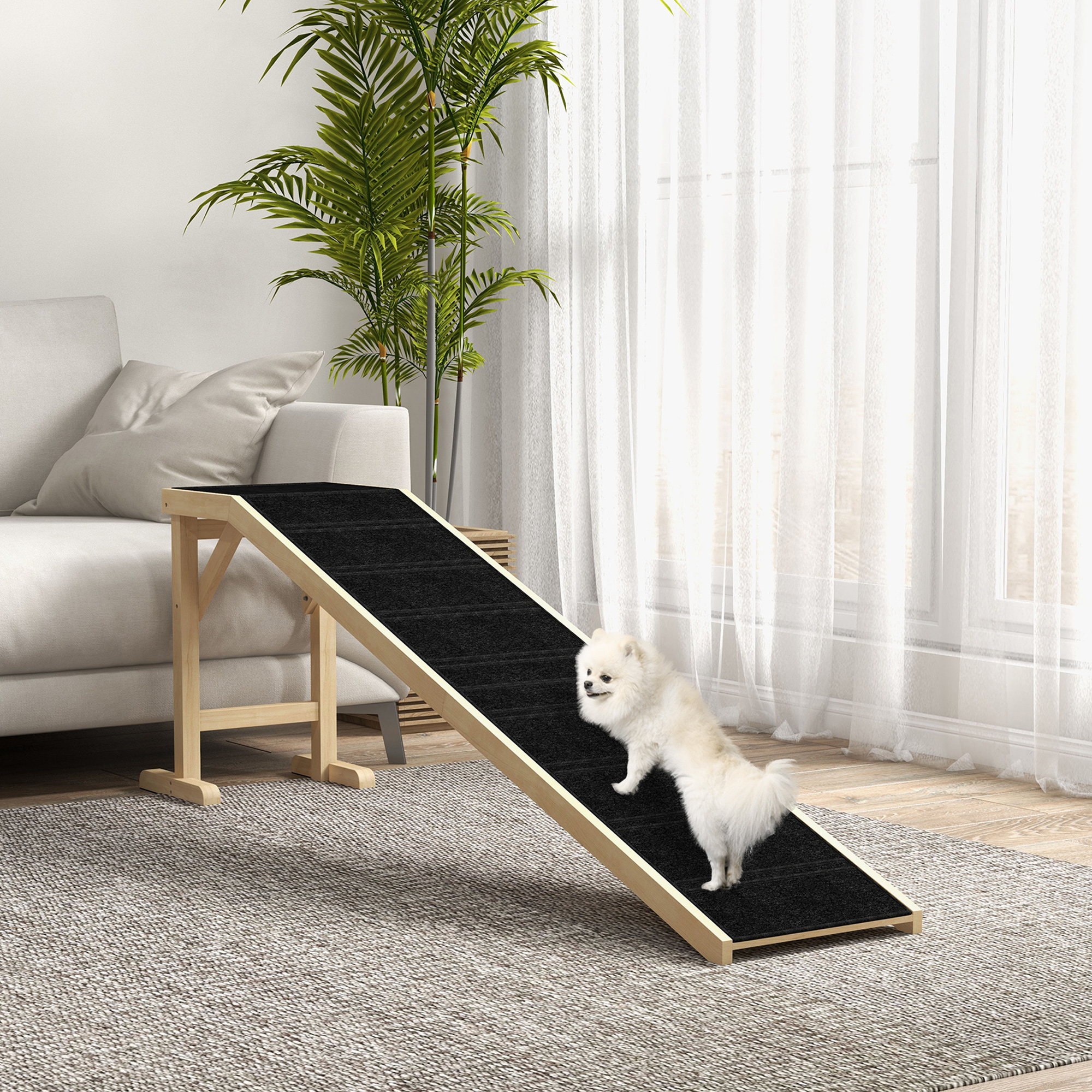Paso para Perros para la Cama, Rampa de Mascotas con Alfombra Antideslizante y Plataforma Superior, 74" x 16" x 25", Natural — imagen 1