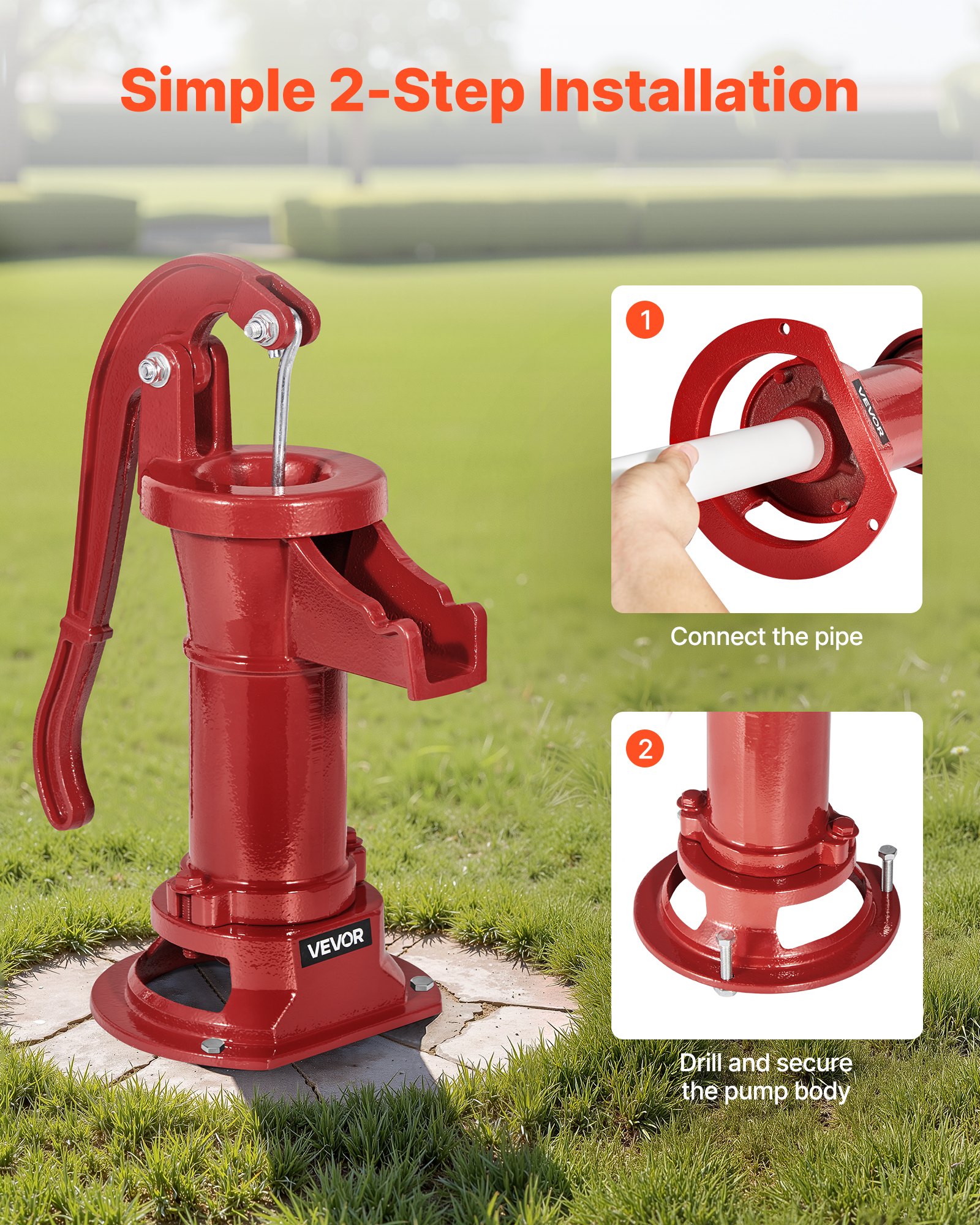 Pompa de Mano Manual de Hierro Fundido Antiguo, 25 Ft de Elevación Máxima, Conexión NPT 1-1/4 Pulgadas, Instalación Fácil, Clásico para Jardín, Ponds, Patio y Granja Rojo — imagen 3