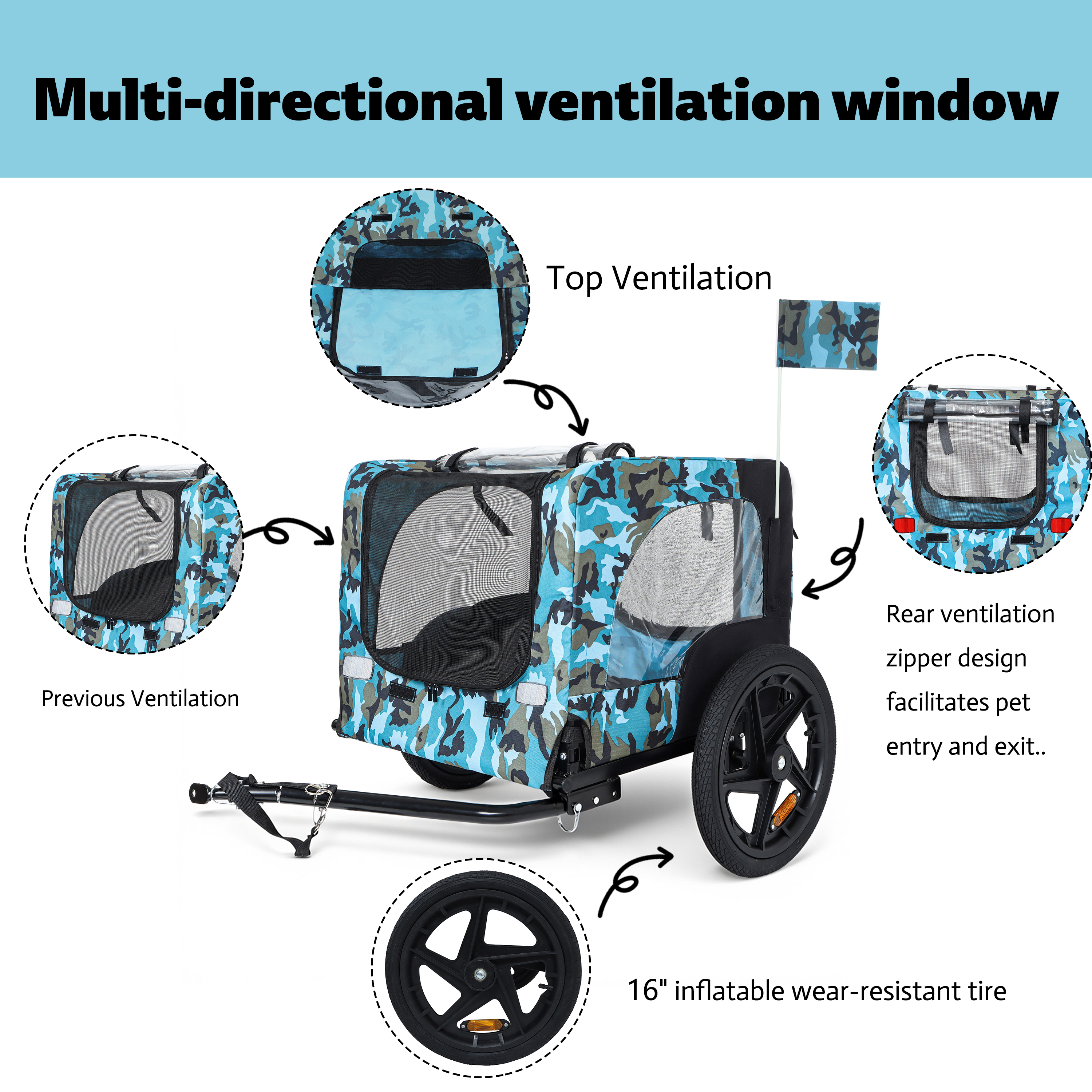 Outdoor Heavy Duty Collapsible Pet Bike Trailer With 16-Inch All-Terrain Wheels & Universal Hitch - Foldable Dog Cargo Carrier Cart For Bicycles, Blue Black — image 4