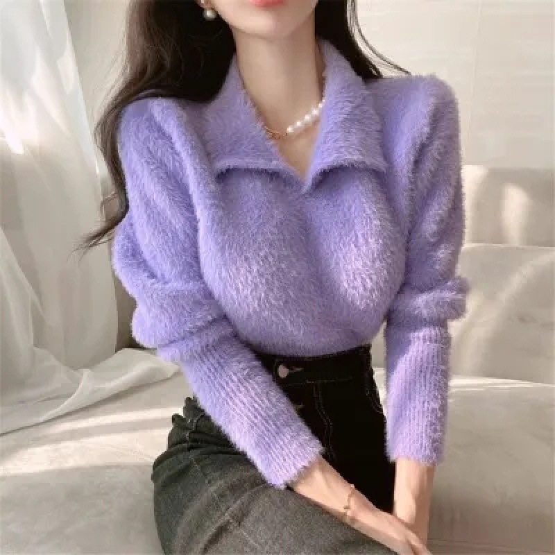 Women's Solid Color Faux Mink V-Neck Polo Collar Short Knit Sweater — image 4