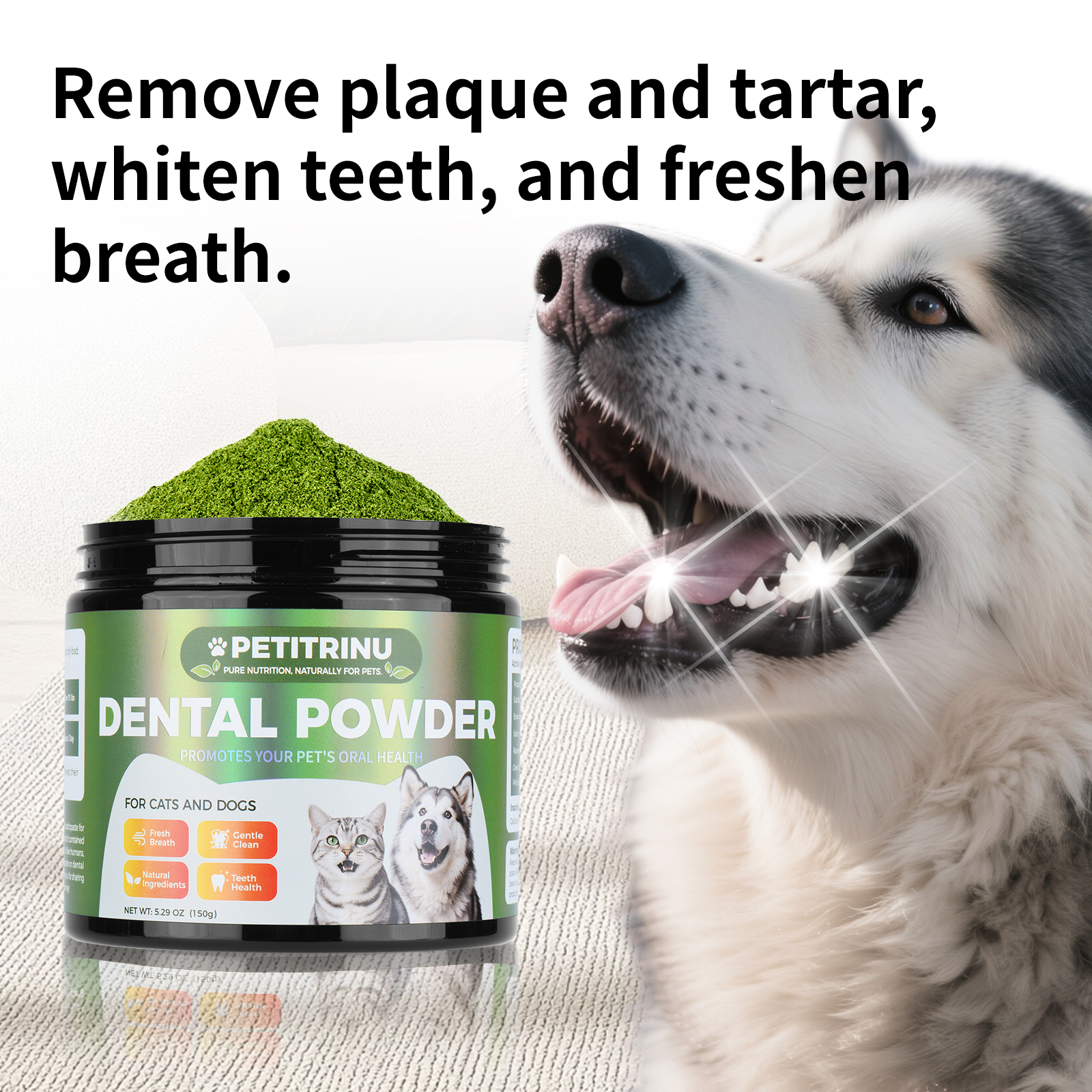 PETITRINU Polvo Dental Natural para Gatos y Perros, Aliento Fresco Higiene Oral Suave Salud de los Dientes 150g — imagen 2