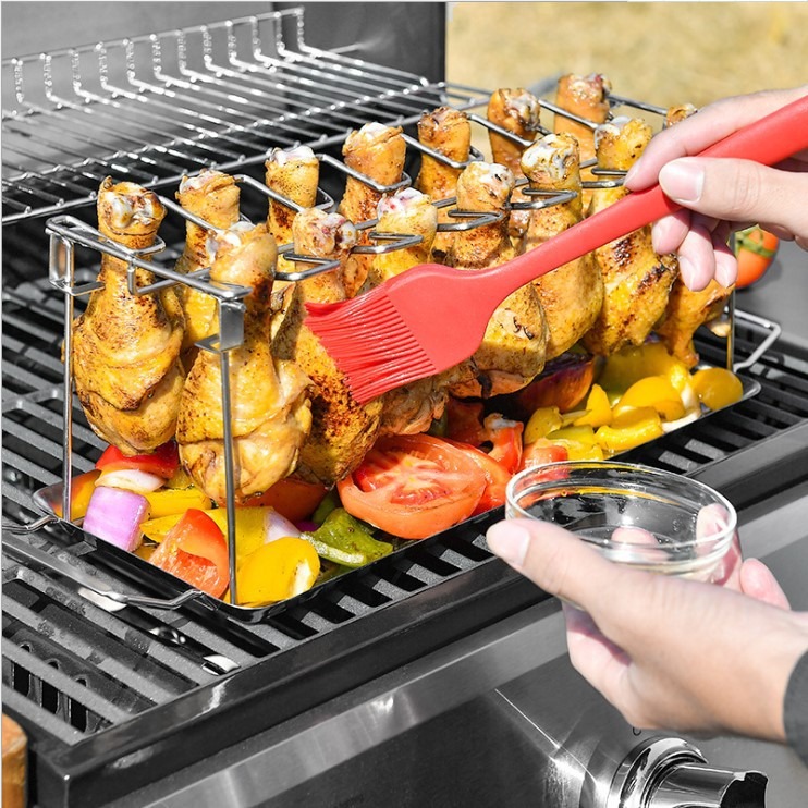 Folding Stainless Steel Grilled Chicken Leg Rack Grill BBQ Grill Pan Grill Rack Convenient Carry Bottom Tray Grilled Chicken Rack — image 2