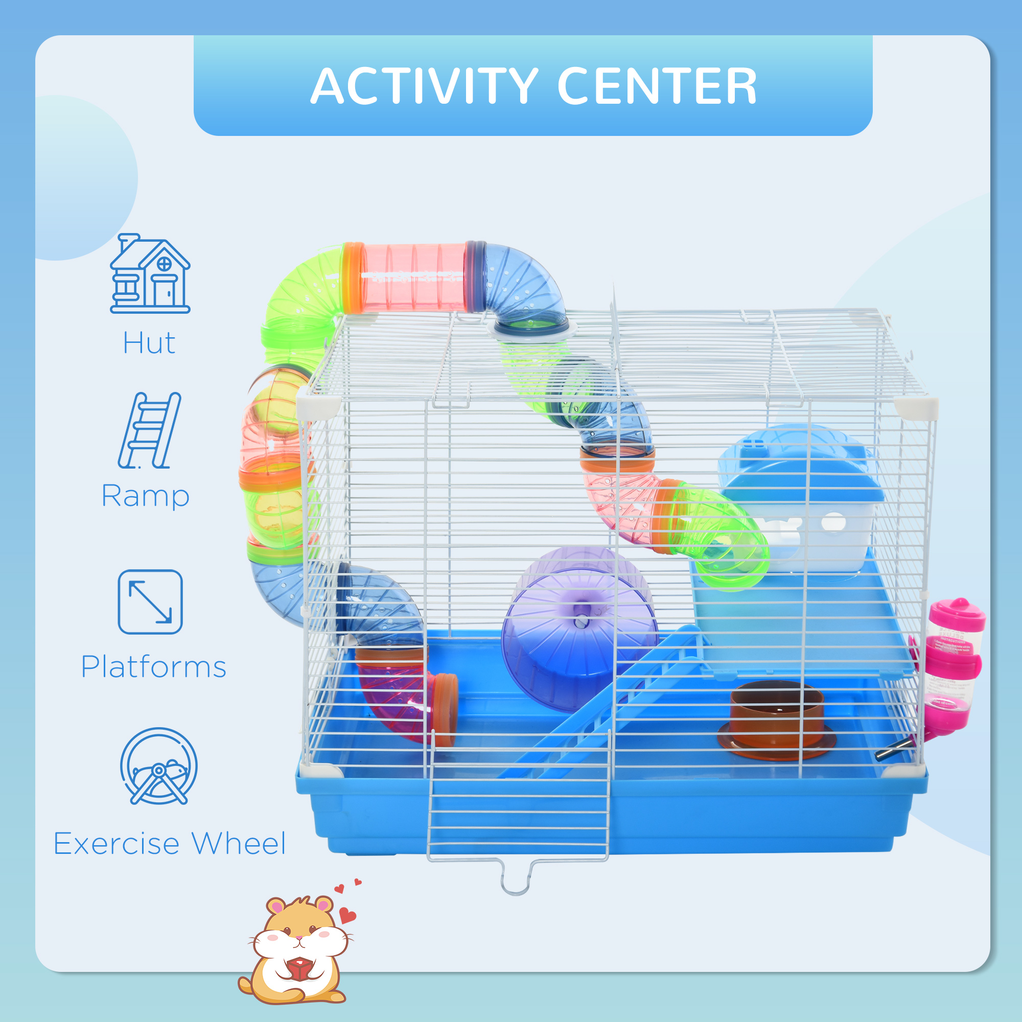 Jaula para Hámster de 2 Niveles, Casa para Roedores y Gerbos, Hábitat para Ratones y Ratas de Alambre Metálico con Rueda de Ejercicio, Tubos de Juego, Botella de Agua, Platos de Comida y Escalera Interior — imagen 7