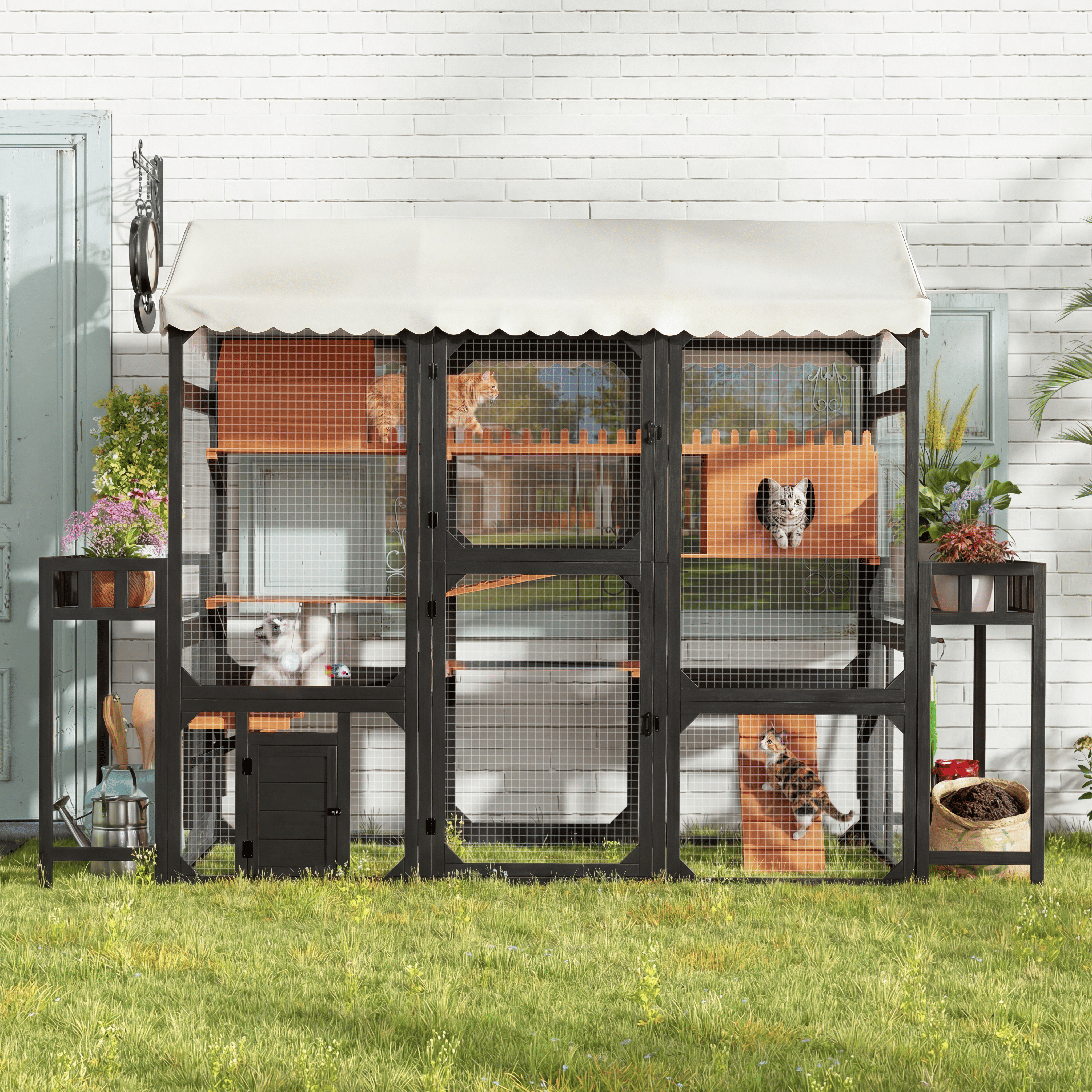 Cierre Exterior para Gatos Grande con 2 Soportes de Plantas, Jaula Multinivel para Gatos con Techo Resistente al Tiempo, Box de Descanso, Rampas de Escalada y Malla Metálica para Patio, Negro — imagen 2