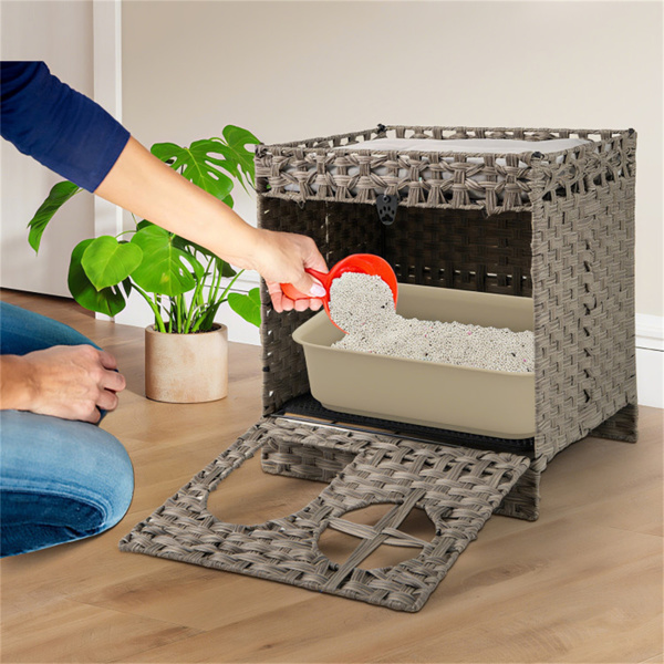 Condominio de Mimbre para Gatos de 2 Niveles con Tapete Atrapa-Arena - Mueble Ocultador de Arenero, Cojín Extraíble y Lavable, Ratán Gris — imagen 9
