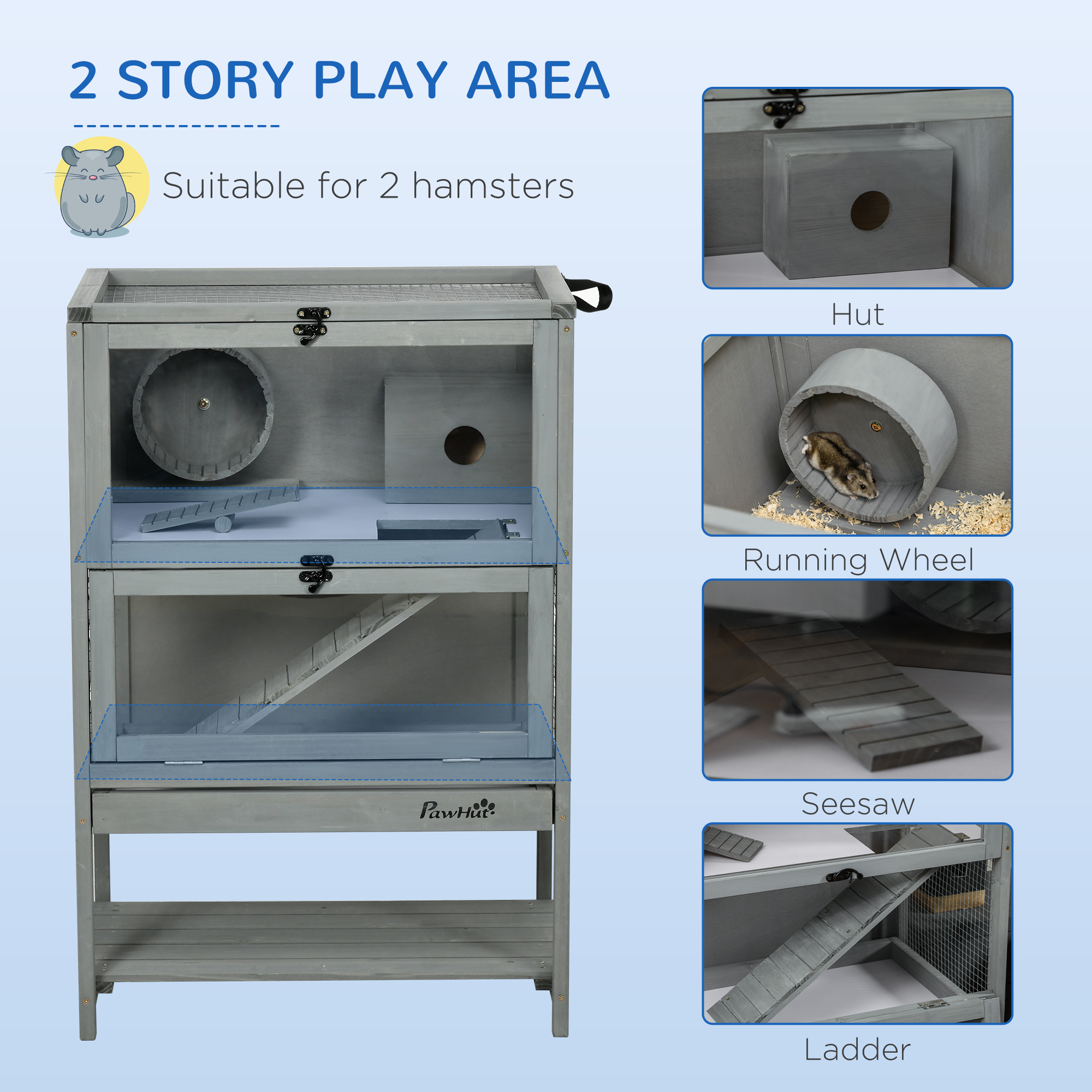Caja de Madera para Hámsters con Estante de Almacenamiento, Gran Habitat para Ratas y Ratones con Señal de Vuelo, Caja para Pequeños Animales con Plataforma Deslizante, Rampas Anchas para Carreras, Rueda de Correr, 35.5" H — imagen 7