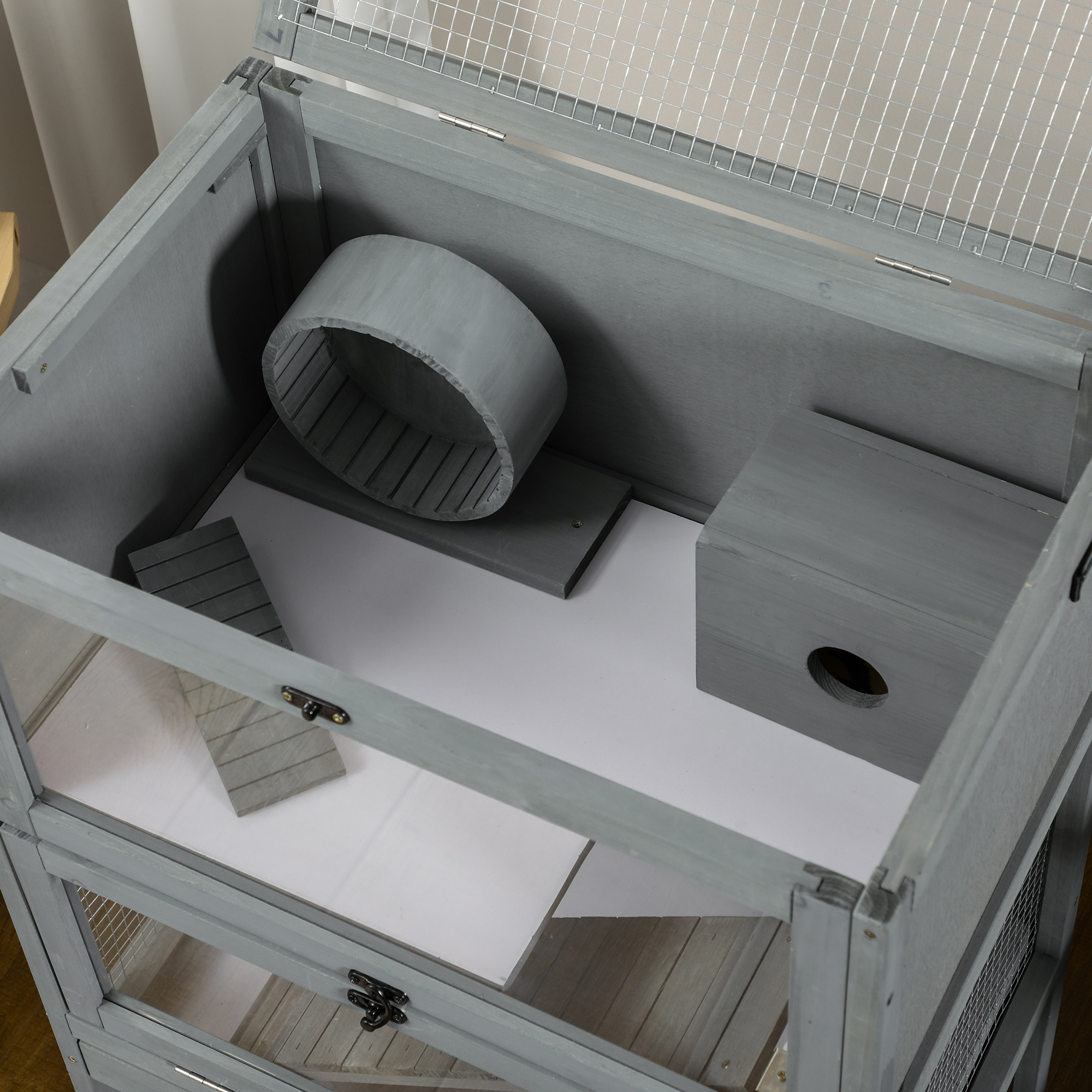 Caja de Madera para Hámsters con Estante de Almacenamiento, Gran Habitat para Ratas y Ratones con Señal de Vuelo, Caja para Pequeños Animales con Plataforma Deslizante, Rampas Anchas para Carreras, Rueda de Correr, 35.5" H — imagen 8