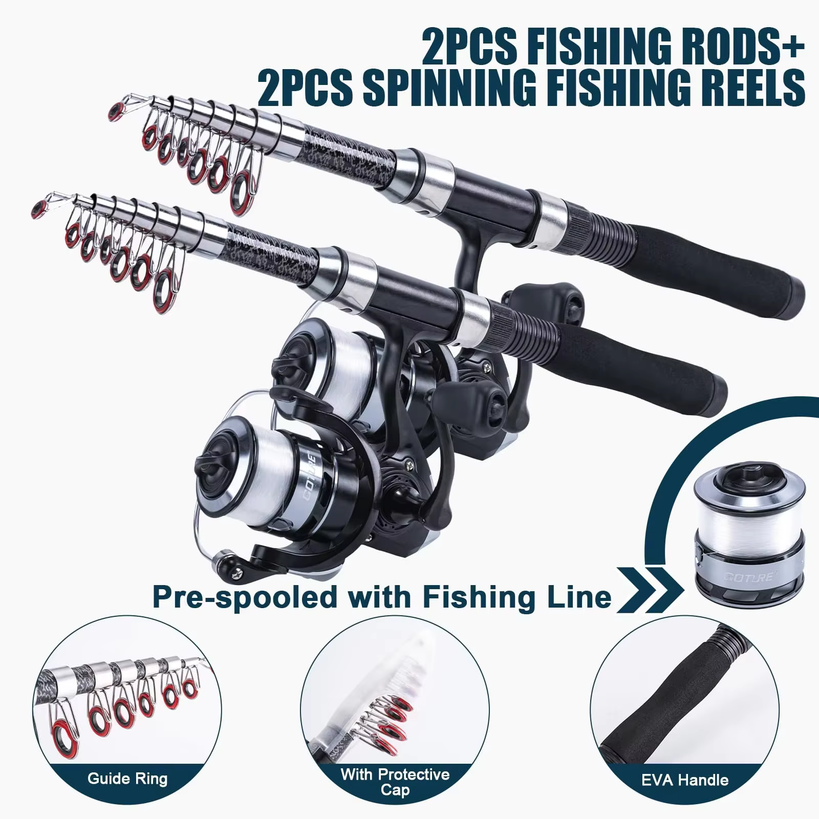 Kit de 2 cañas de pesca con 2 ruedas, 1.9M-2.7M, conjunto telescópico con bolso de almacenamiento impermeable para viajar — imagen 2