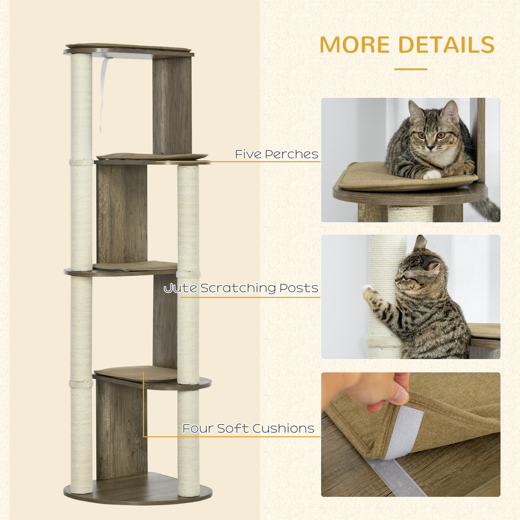 Árbol para Gatos de Esquina Moderno y Alto de 65" para Trepar, Torre Multinivel Grande con Postes Rascadores, Torre Compacta para Gatitos con Sisal, Blanco Crema — imagen 4