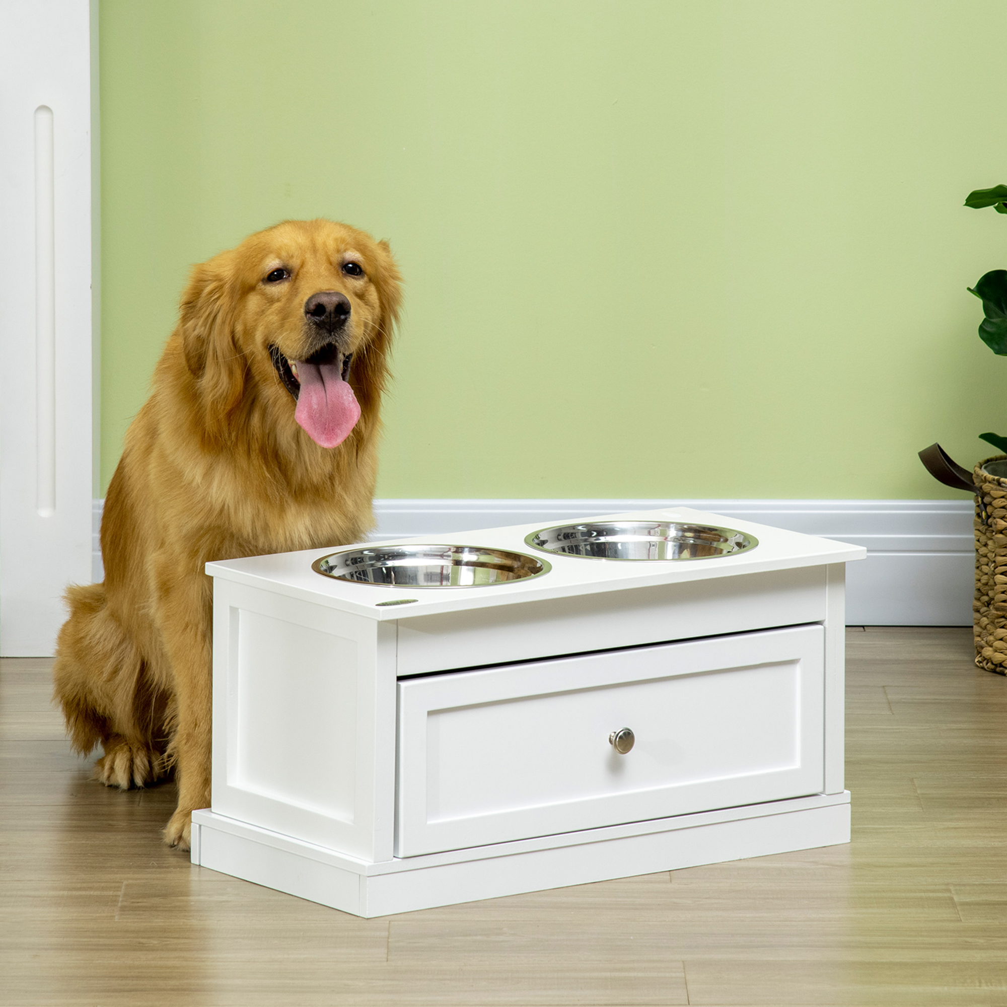 Bolsas de Alimento para Perros Elevadas con Caja de Almacenamiento de 11L, Soporte para Comida y Agua de Perro con Caja, Blanco — imagen 1