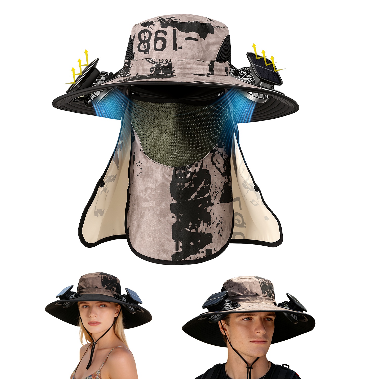 Sombrero con Ventilador Solar 2 en 1 UPF50 Sombrero para el Sol con Ventiladores, Sombrero de Pesca de Ala Ancha con Cubrecara y Protector de Cuello, Carga USB Solar Para Senderismo, Jardinería, Trabajo al Aire Libre — imagen 3