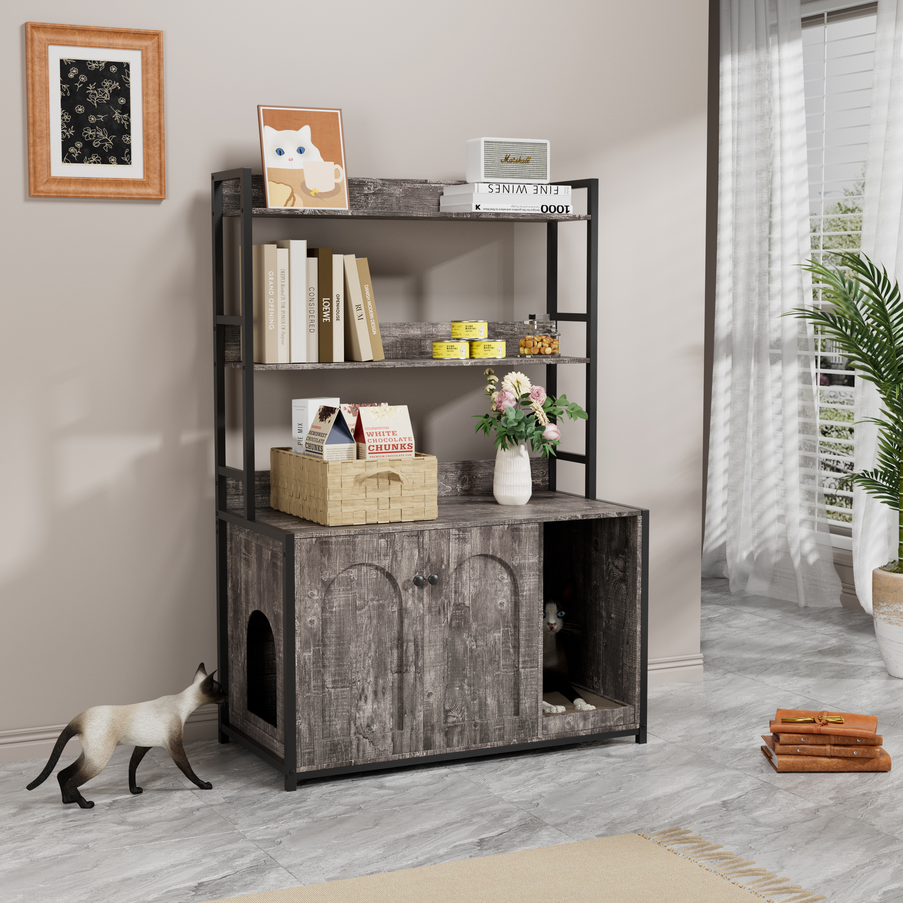 Caja de Limpieza para Gatos Grande con Almacenamiento, Mueble Oculto para Baño de Gato, Casa de Madera con Pala para Raspar, Armario de Gatos Interior Resistente con 2 Puertas (Gris) — imagen 2