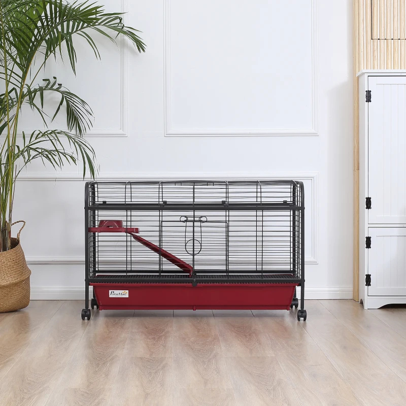 PawHut 41L Small Animal Cage, Pet Play House For Rabbit Hutch Ferret With Feeder, Rolling Wheels, Platform, Ramp — image 8