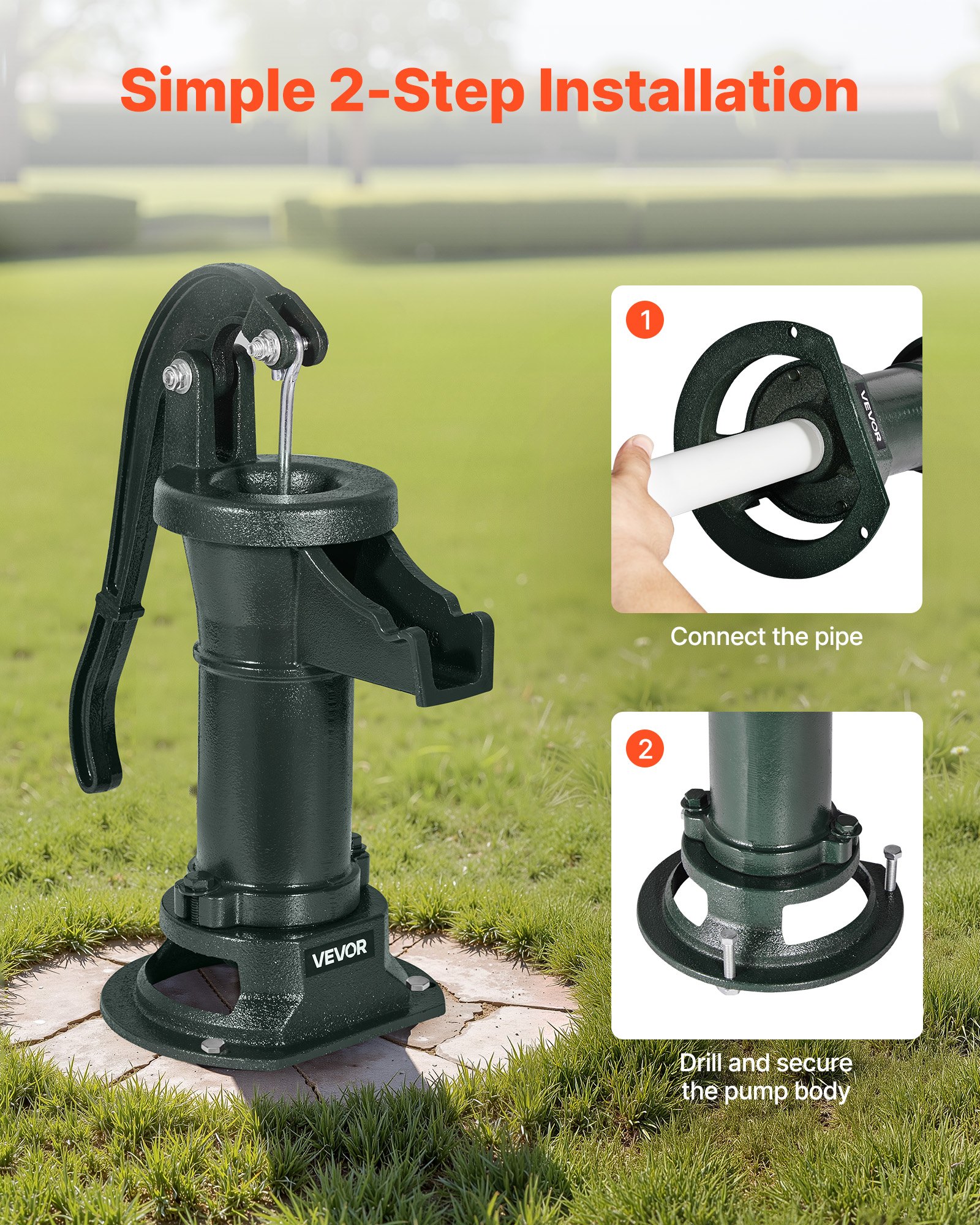 Well Hand Pitcher Pump, 25 Ft Maximum Lift, Antique Cast Iron Manual Hand Water Pump, NPT 1-1/4 In Connection, Easy Installation, Old Fashioned For Outdoor Garden, Pond, Backyard, Farm, Green — imagen 2