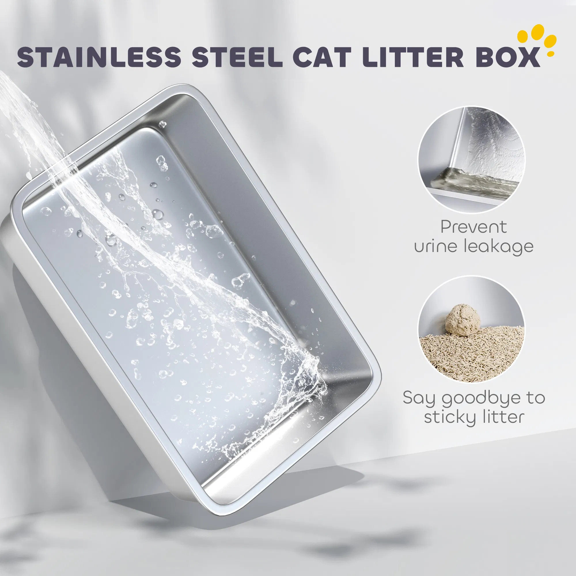 Extra Large Stainless Steel Cat Litter Box w/ High Sided, Removable Lid, Mats, Scoop, Odor Free, Non-Sticky, Leakproof — image 3