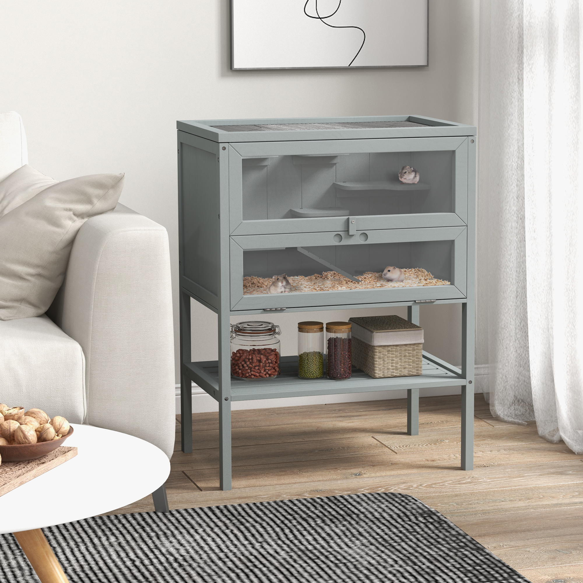 3-Tier Wooden Hamster Cage Mice and Rat Cage Small Animals Hutch with Openable Top, Front Door, Storage Shelf, Gray — imagen 1