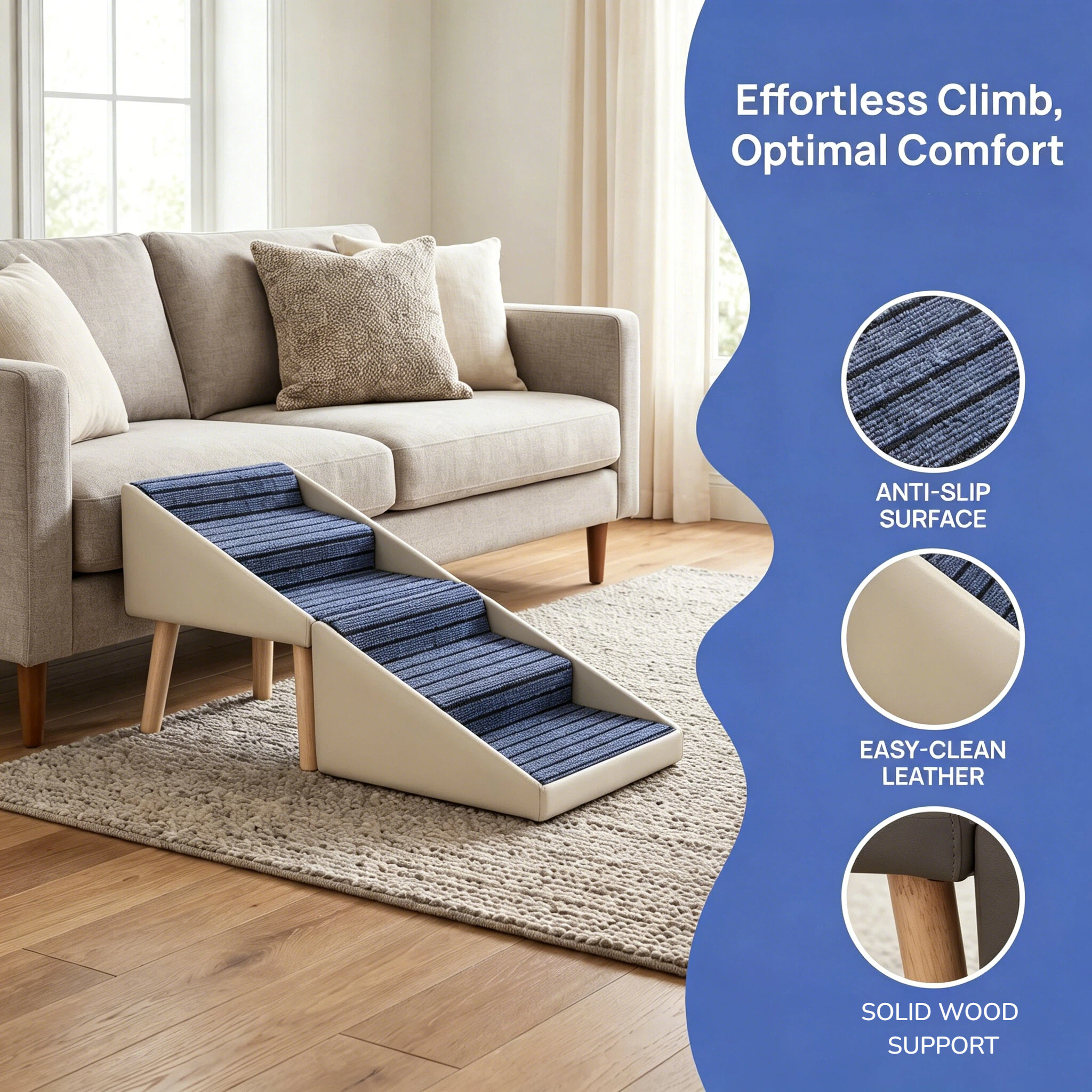 2-in-1 Dog Stairs for Bed and Couch 18.89" Foldable Dog Ramp for Couch 4 Pet Steps & Ottoman for Small Dogs, Beige — image 5