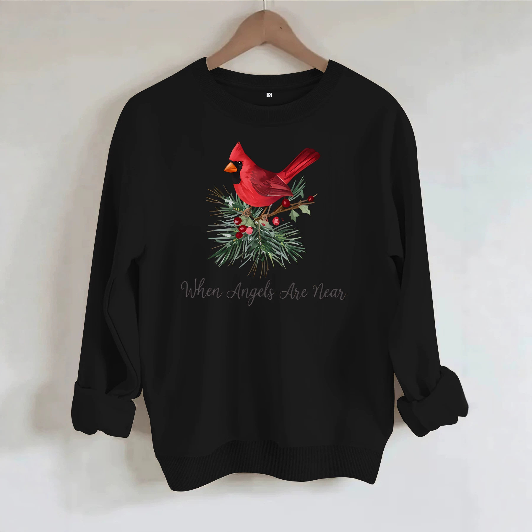 Red bird print round neck fleece hoodie — image 5