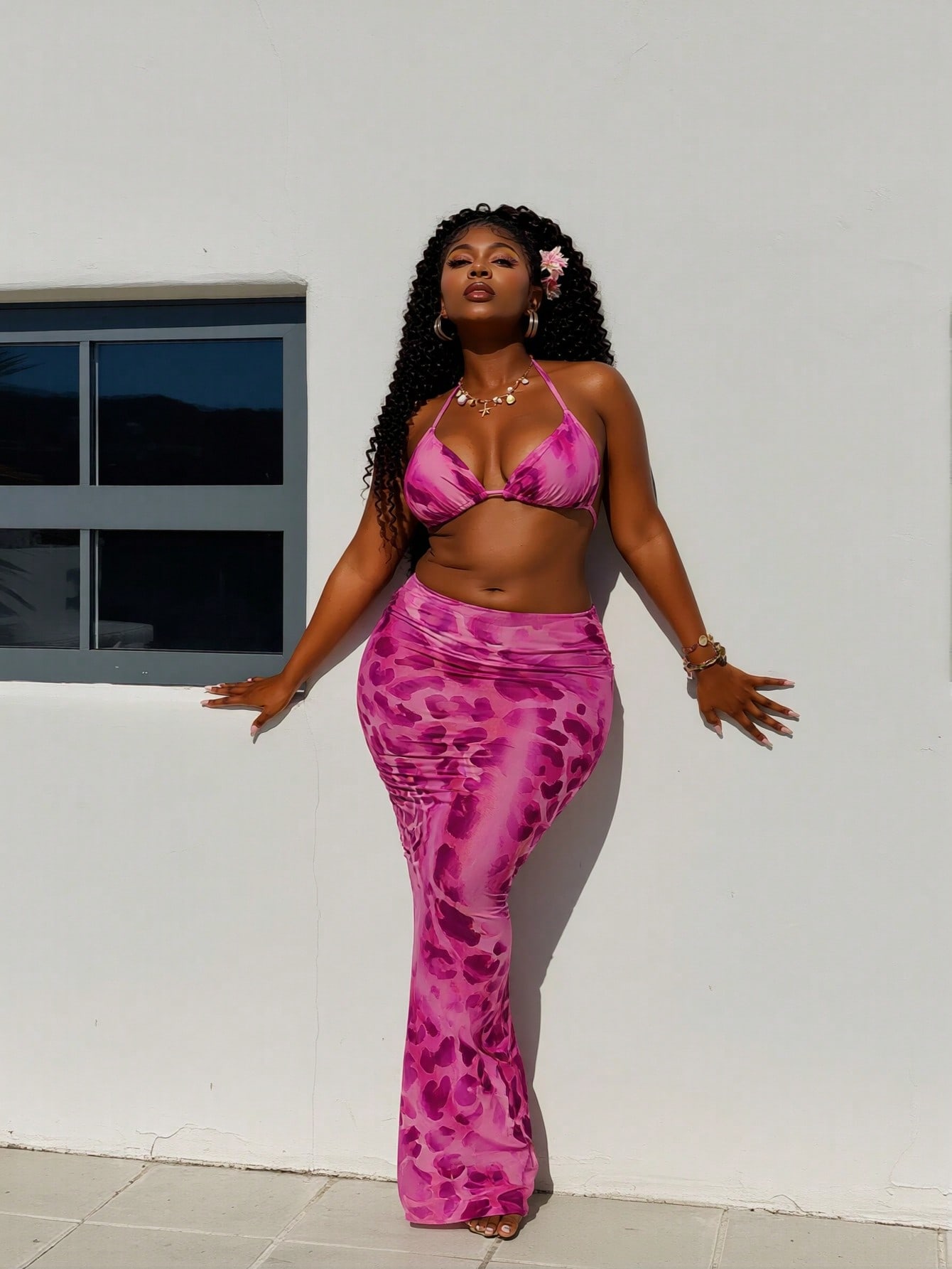 New Magenta Leopard Print Bikini 2 Piece Set, Halter Triangle Top & Mesh Maxi Skirt, Sexy Vacation Swimwear Set — image 4