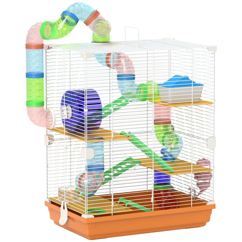 5 Tiers Hamster Cage Portable Animal Travel Carrier W Exercise Wheels Tube, Orange — imagen 1