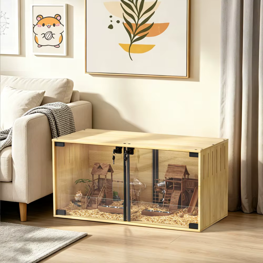 Wooden Hamster Cage Chew-proof Small Animal Habitat Cage with Dual Doors Lock Removable Divider Hedgehogs Enclosure — image 4