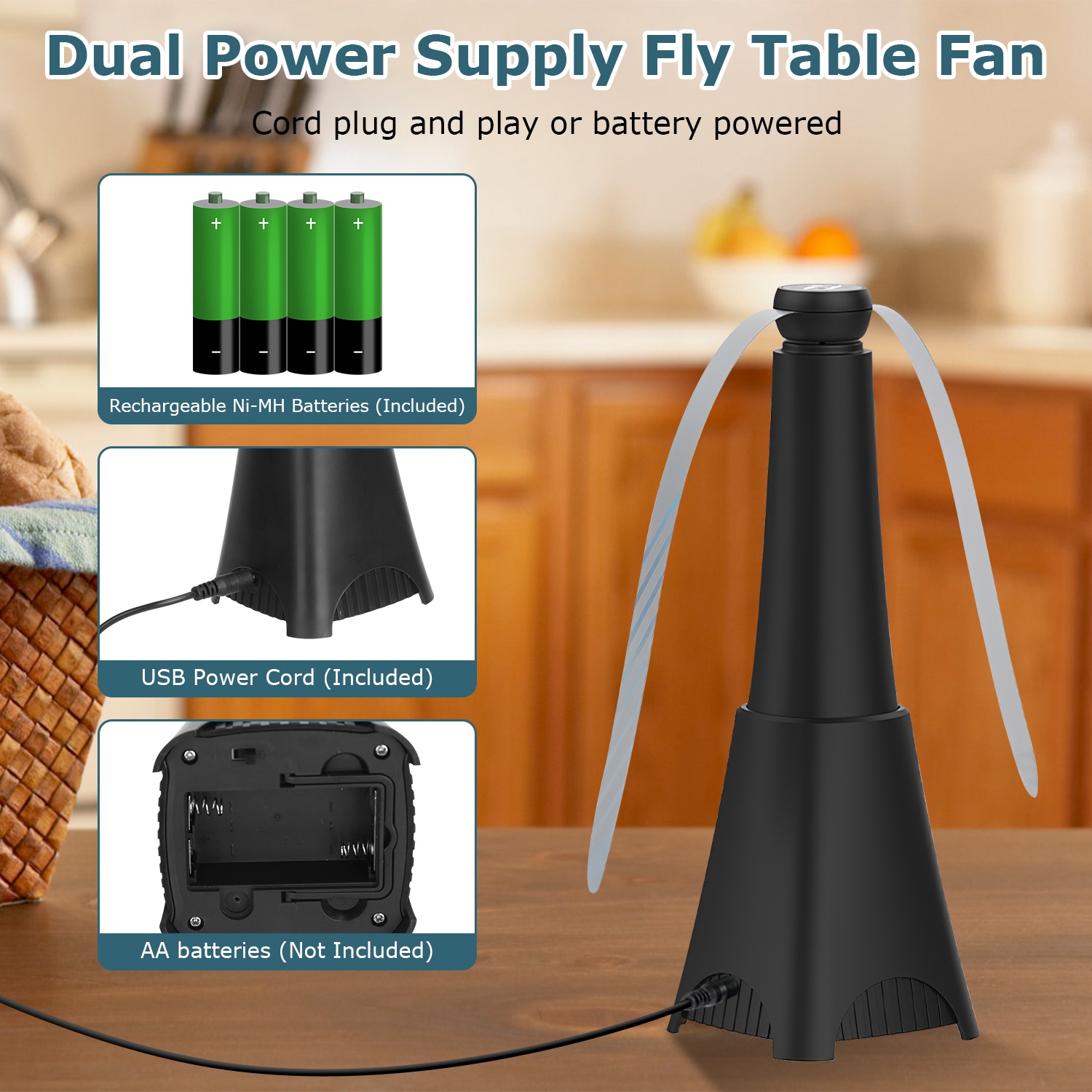 Paquete de 2 Ventiladores Portátiles Reflectantes Repelentes de Moscas, Con Batería Recargable, Trampa de Moscas Para Mesa y Comida, Aspas de Parada Suave, Gancho Para Colgar, Interior y Exterior — imagen 5