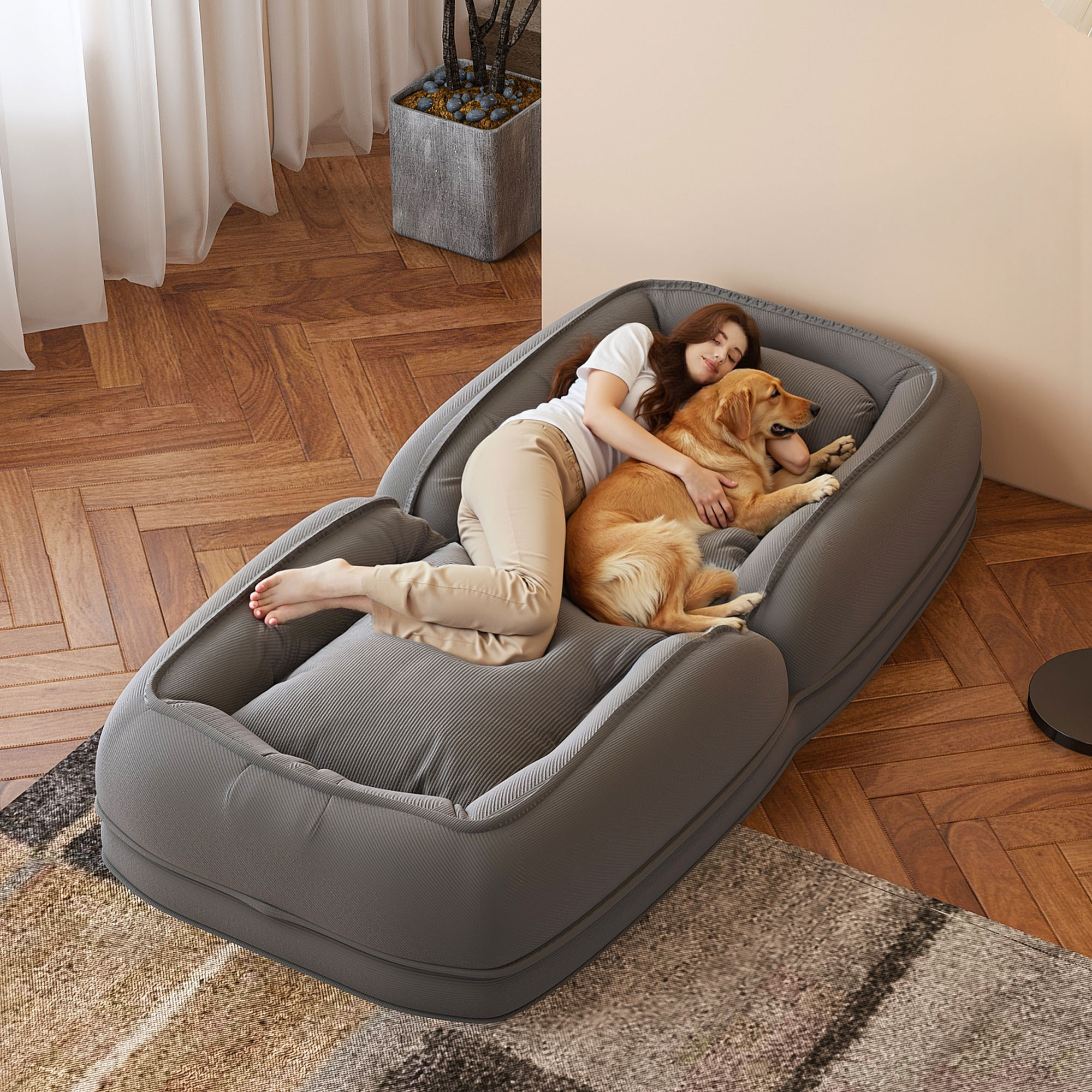 Silla-Cama Plush para Adultos y Mascotas: Sofá Reclinable con 5 Posiciones Ajustables, 2 Almohadillas Suaves para Dormir o Leer en Gris — imagen 3
