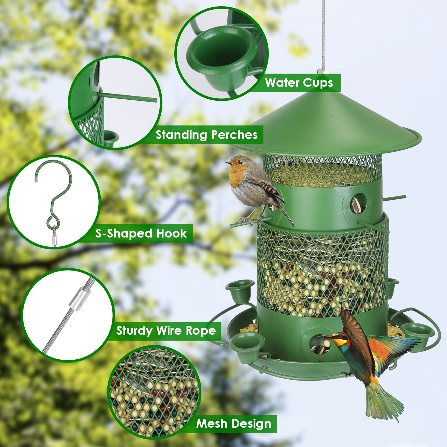 Comedor de Pájaros Silvestres Prueba de Ardillas Resistente al Mordisco Metalúrgico Comedor de Semillas para Jardín Patio Exterior con Perchas Circulares 360° Tazas de Agua para Primavera Verano — imagen 12