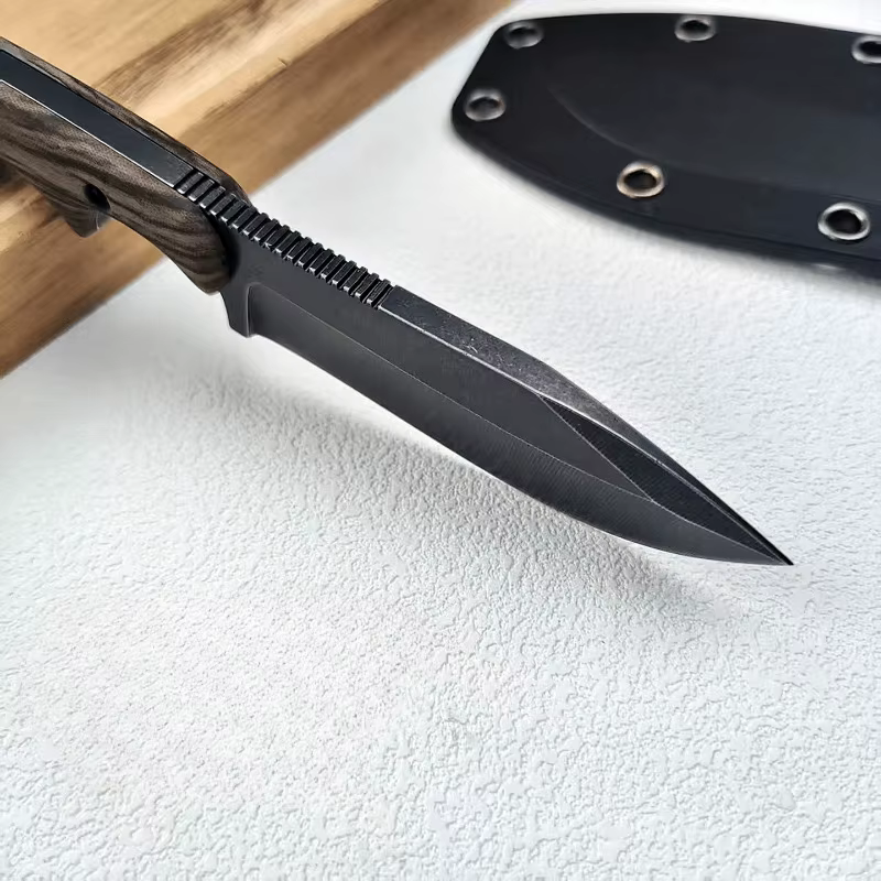 New outdoor small straight knife, stone washed blade camping edc survival knife, white/wood grain handle + k sheath tool — image 6