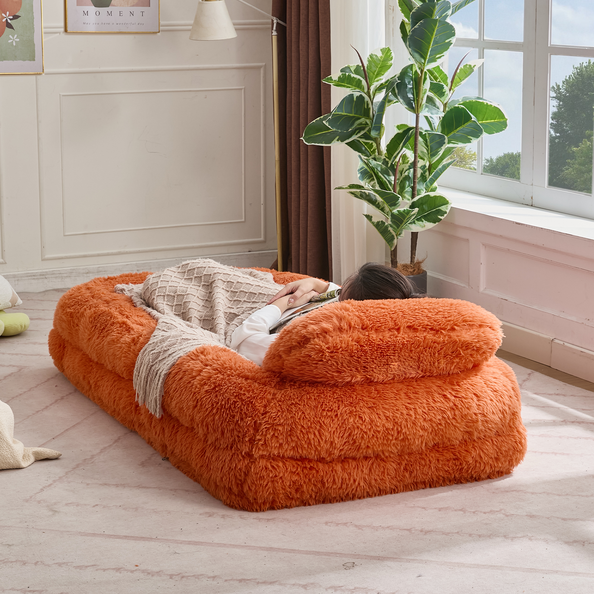 Human Dog Bed, Lazy Sofa, 5-Position Adjustable Convertible, Floor Gaming Chair, bedroom, living room, Suitable for gaming, meditation, relaxation, Plush Fabric, Orange — image 2