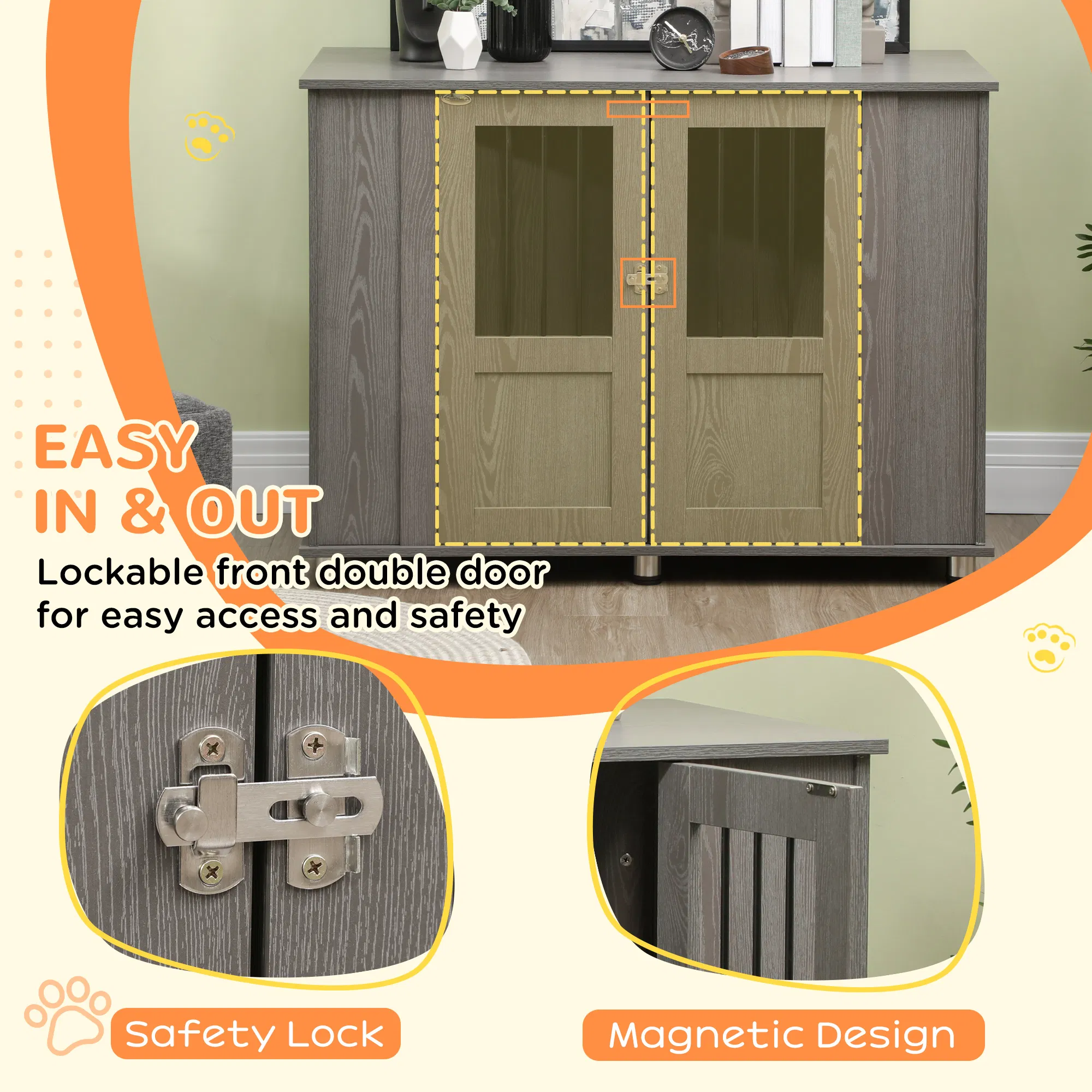Dog Crate Furniture with Lockable Magnetic Door, Adjustable feet for Extra Large, Medium & Small Dogs, Indoor Use, Grey — image 3