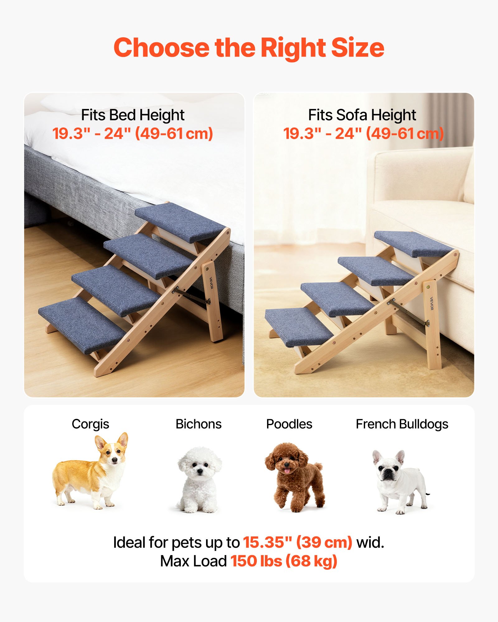 Escaleras de Madera para Mascotas, 4 Pasos - Acceso Seguro para Cama, Sofá y Coche, Capacidad 150 lb, Diseño Pliegue, Estable y Rígido para Perros y Gatos Pequeños a Grandes — imagen 4