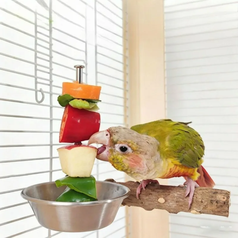 Stainless Steel Bird Fruit Fork & Vegetable Feeding Hook, Fruit Holder and Anti-Spill Food Bowl, Bird Cage Accessory for Parrots — image 1