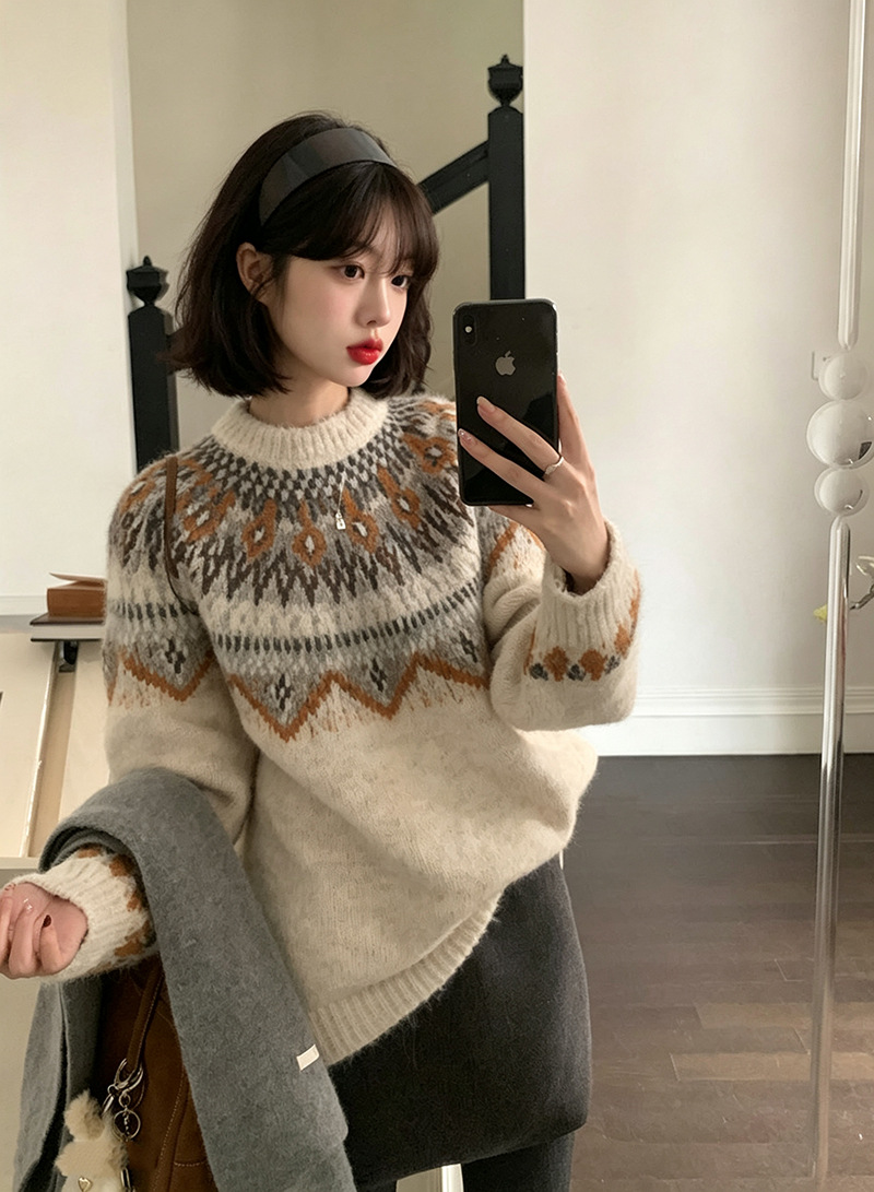 Vintage Fair Isle Faux Alpaca Wool Crew Neck Pullover Sweater Relaxed Fit — image 7