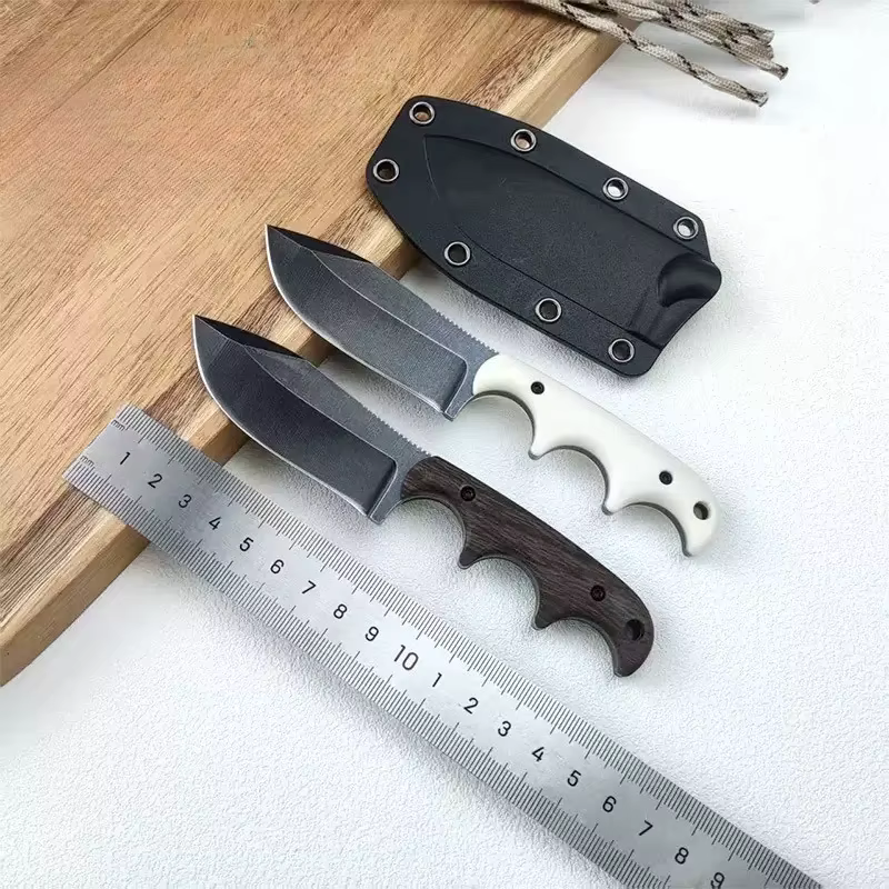 New outdoor small straight knife, stone washed blade camping edc survival knife, white/wood grain handle + k sheath tool — image 4