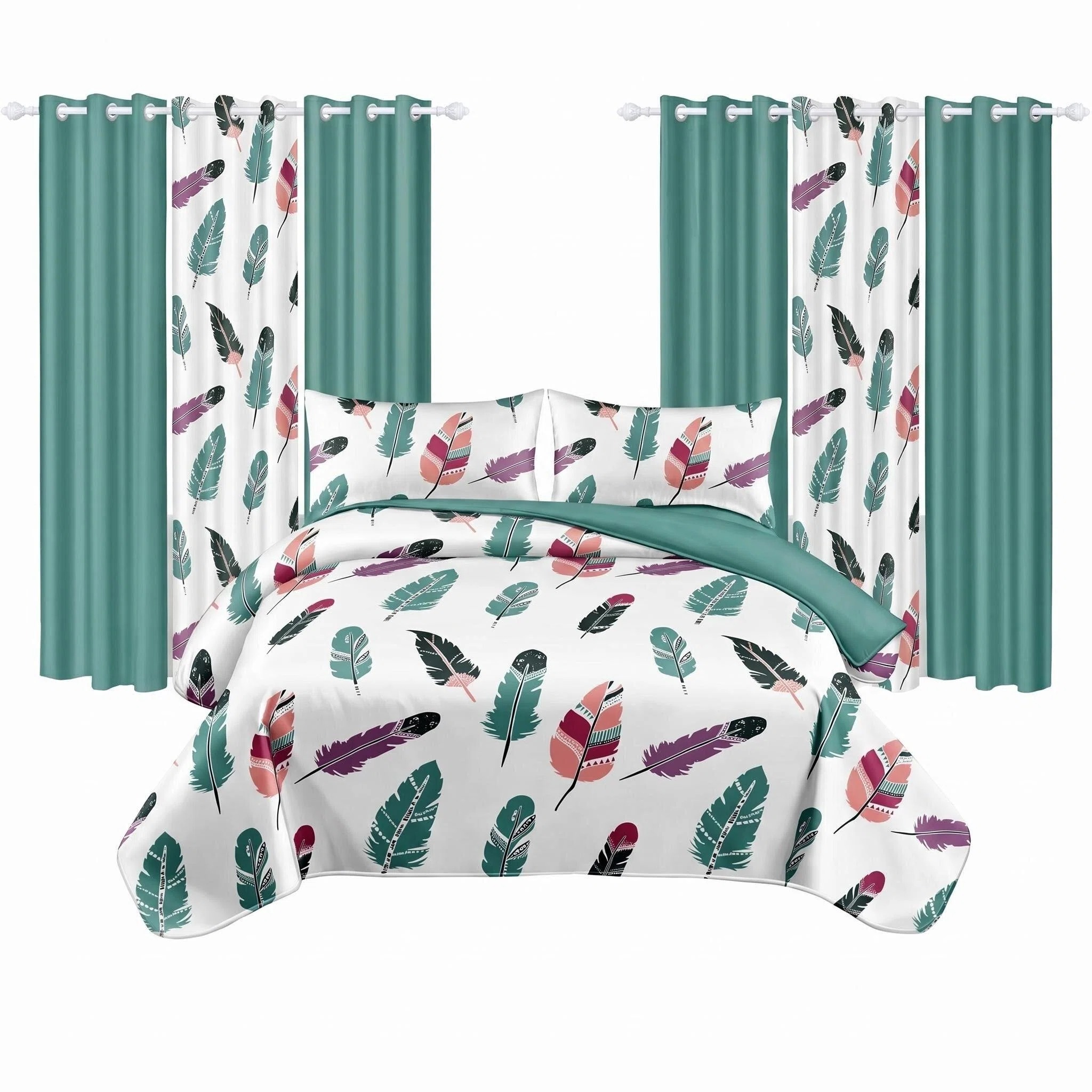 9 Piece Room In A Bag Quilt And Curtain Set, US Designer Boho Feather Print Heavyweight Bedspread With 6 Customizable Window Panels, Pet-Friendly High GSM Coverlet Teal, White — image 1