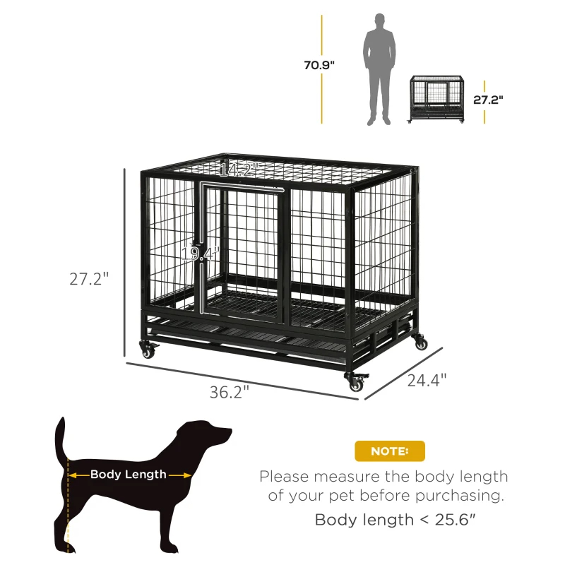 PawHut Heavy Duty Dog Crate With Removable Tray, Lockable Wheels And Double Door, For Medium And Large Dogs, Black — imagen 5
