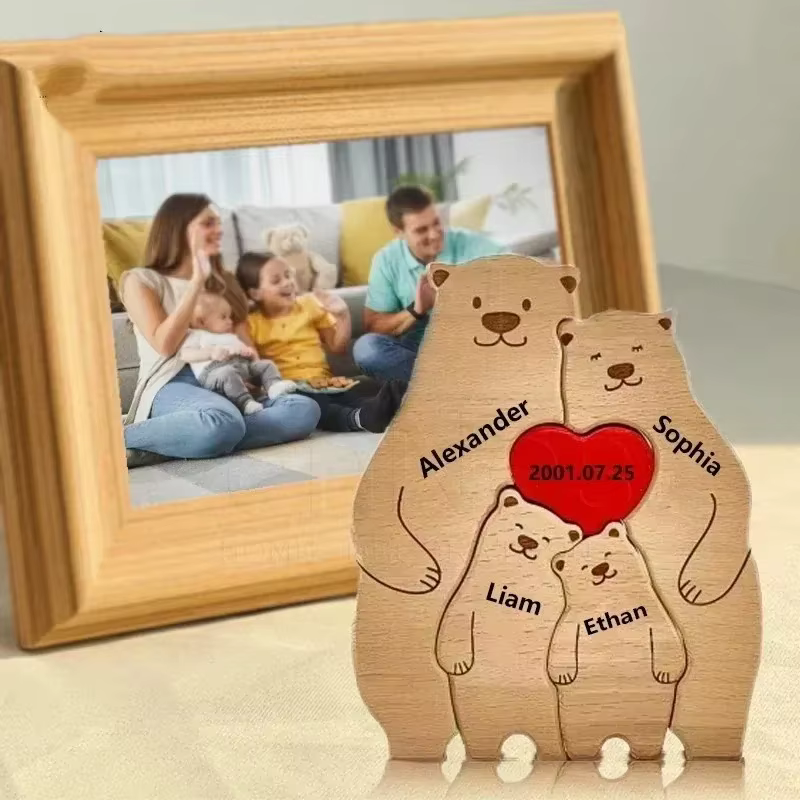 Personalized Wooden Art Bear Puzzle for Families Free Customization Name Family Anniversary Holiday Warm Gift Home Decoration — image 4