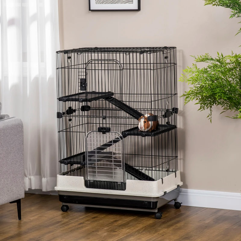4-Level Small Animal Cage Rabbit Hutch With Universal Lockable Wheels, Slide-out Tray For Bunny, Chinchillas, Ferret, Black — imagen 5