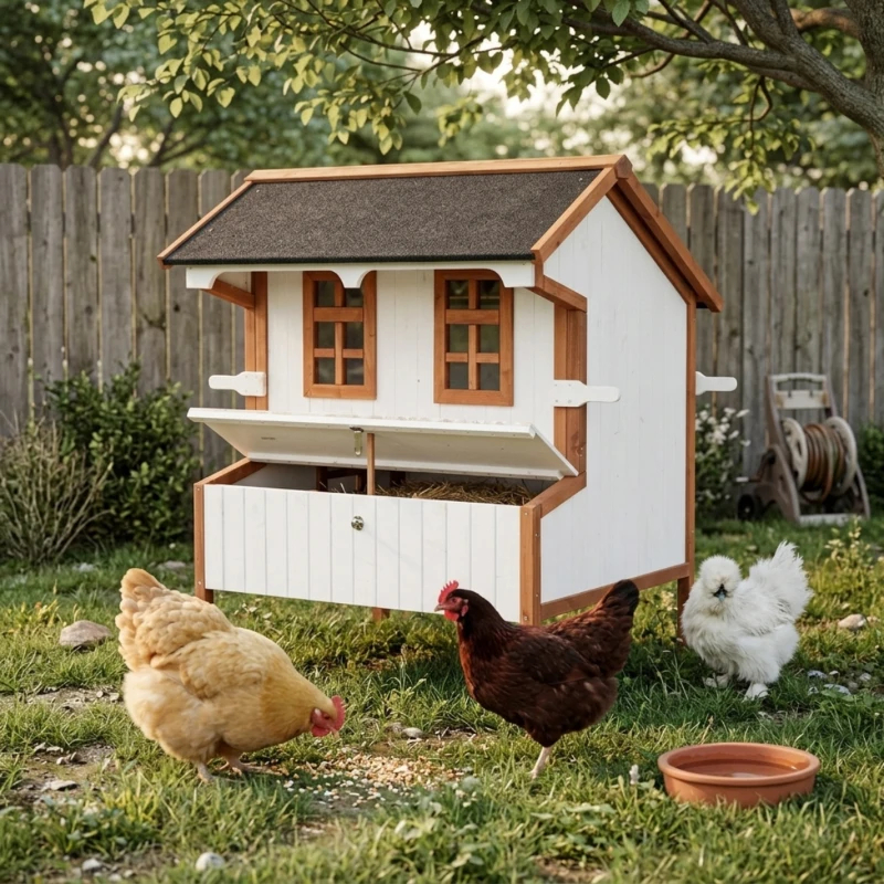 Gallinero de 47", Casa de Madera para Gallinas Elevada, Conejera con Techo Impermeable, Nido y Asas para 3-5 Gallinas, Jaula Portátil para Aves de Corral en el Patio — imagen 9