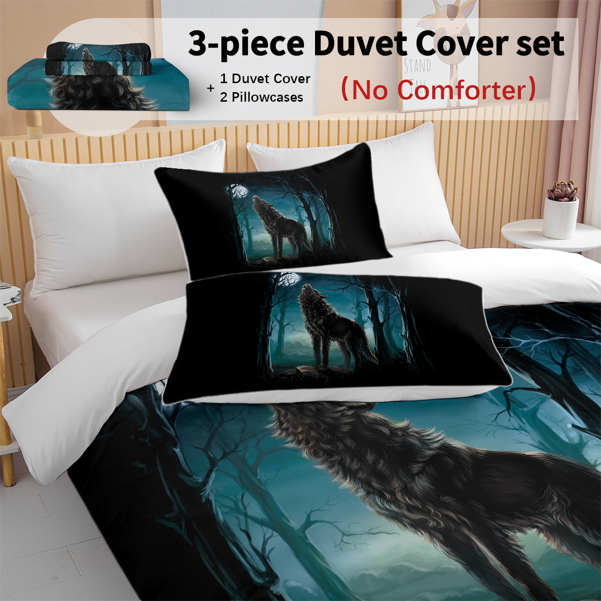 Moon Wolf Bedding Green Watercolor Forest Wolf Landscape Duvet Cover Sets 3 Pieces Wild Animal Bedding Set Twin Full Queen King Size — image 7